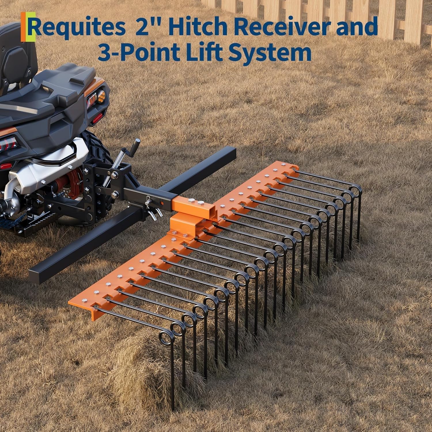 60 in Pine Straw Rake Fits 2" Receiver for ATV, UTV & Lawn Tractor, Heavy Duty Tow Behind Landscape Rake with 21 Powder-Coated Tines for Leaves, Pine Needles, and Grass, Black & Yellow