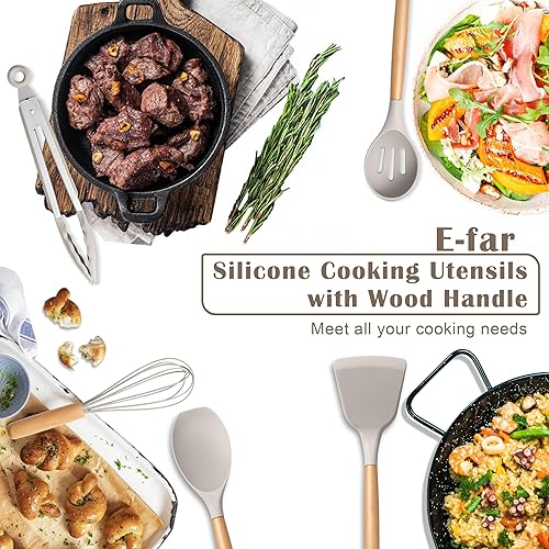 Miniatura 7 de E-far Juego de utensilios de cocina de silicona, 10 piezas resistentes al calor con mango de madera para utensilios de cocina antiadherentes,