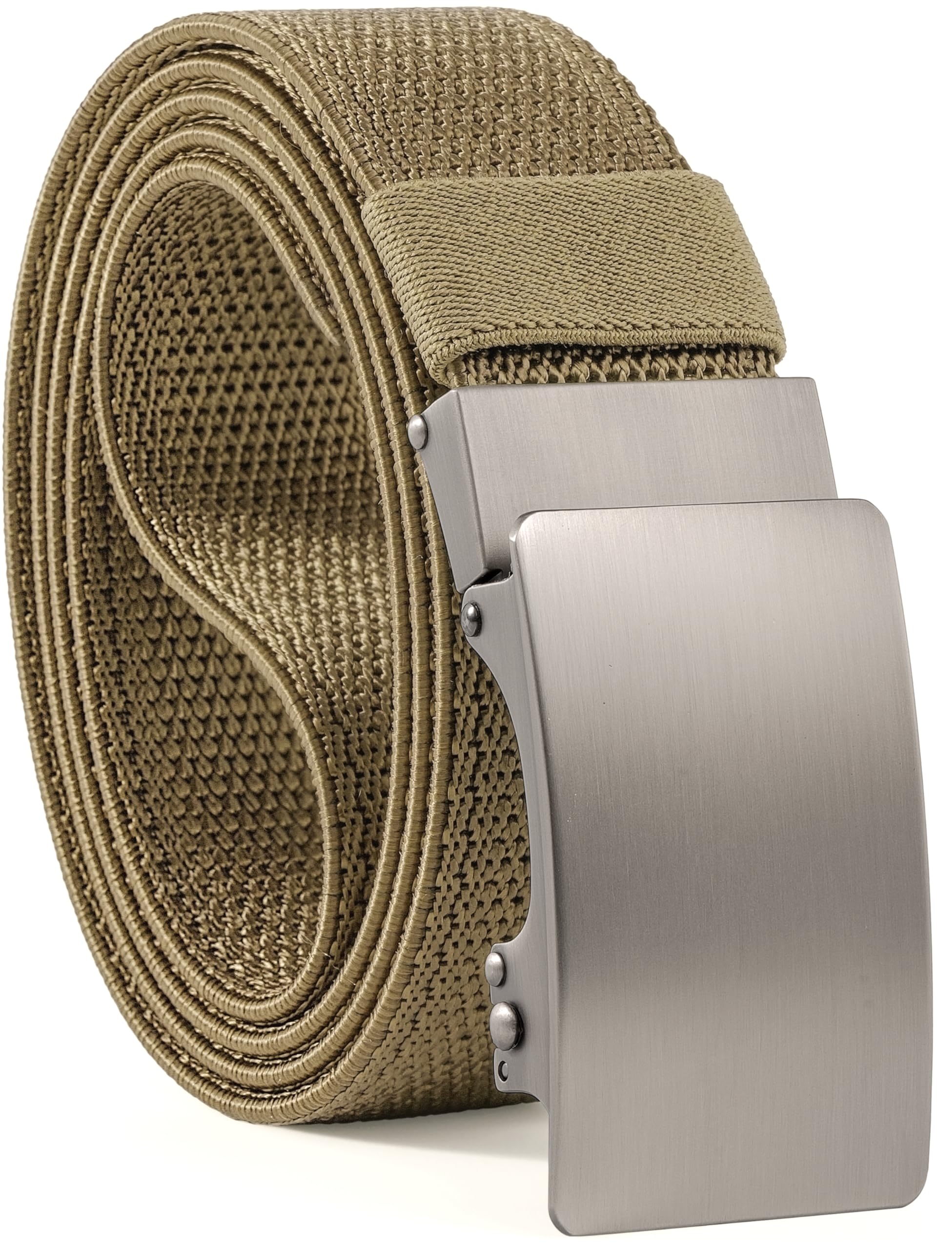 MILORDE Men's 1.5" Nylon Ratchet Belt, Casual Web Click Belt with Slide Buckle for Jeans, No Holes Adjustable Trim to Fit, Khaki, 28"-36" Waist (Length 45")