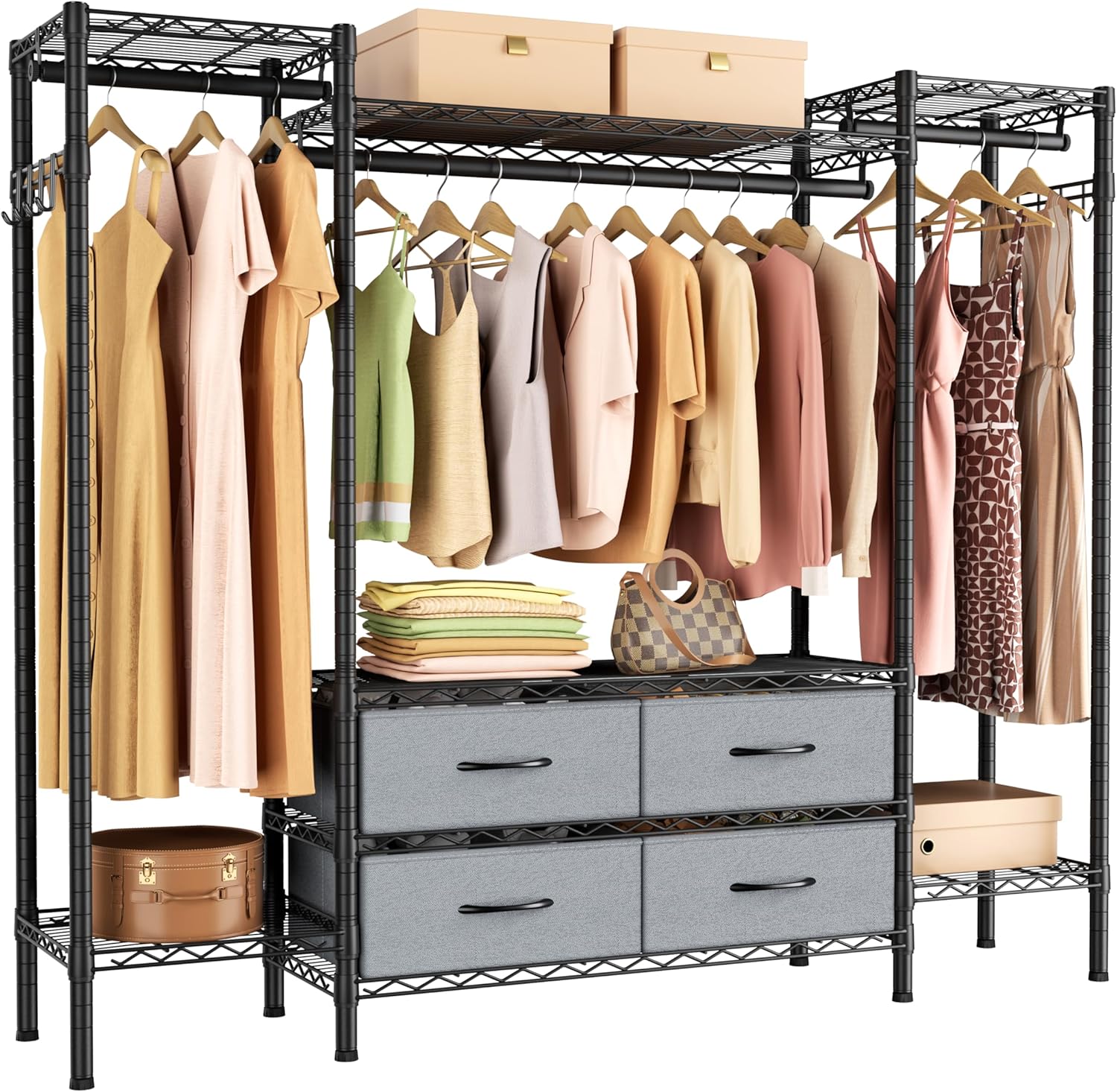 Large Garment Rack Heavy Duty Clothes Rack,Freestanding Closet Portable Clothing Rack with 8 Adjustable Wire Shelves,3 Hang Rods,4 Fabric Drawers,2 Hooks,Metal Closet Storage Wardrobe,MaxLoad 900lbs