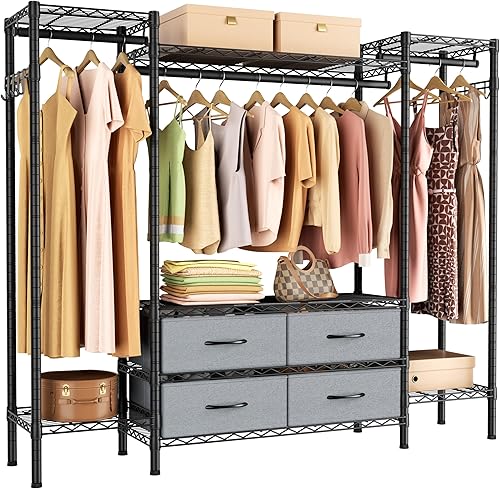Miniatura 11 de Perchero de ropa de alta resistencia grande, estante de ropa portátil independiente con 7 estantes de alambre ajustables, 4 barras de colgar y 2