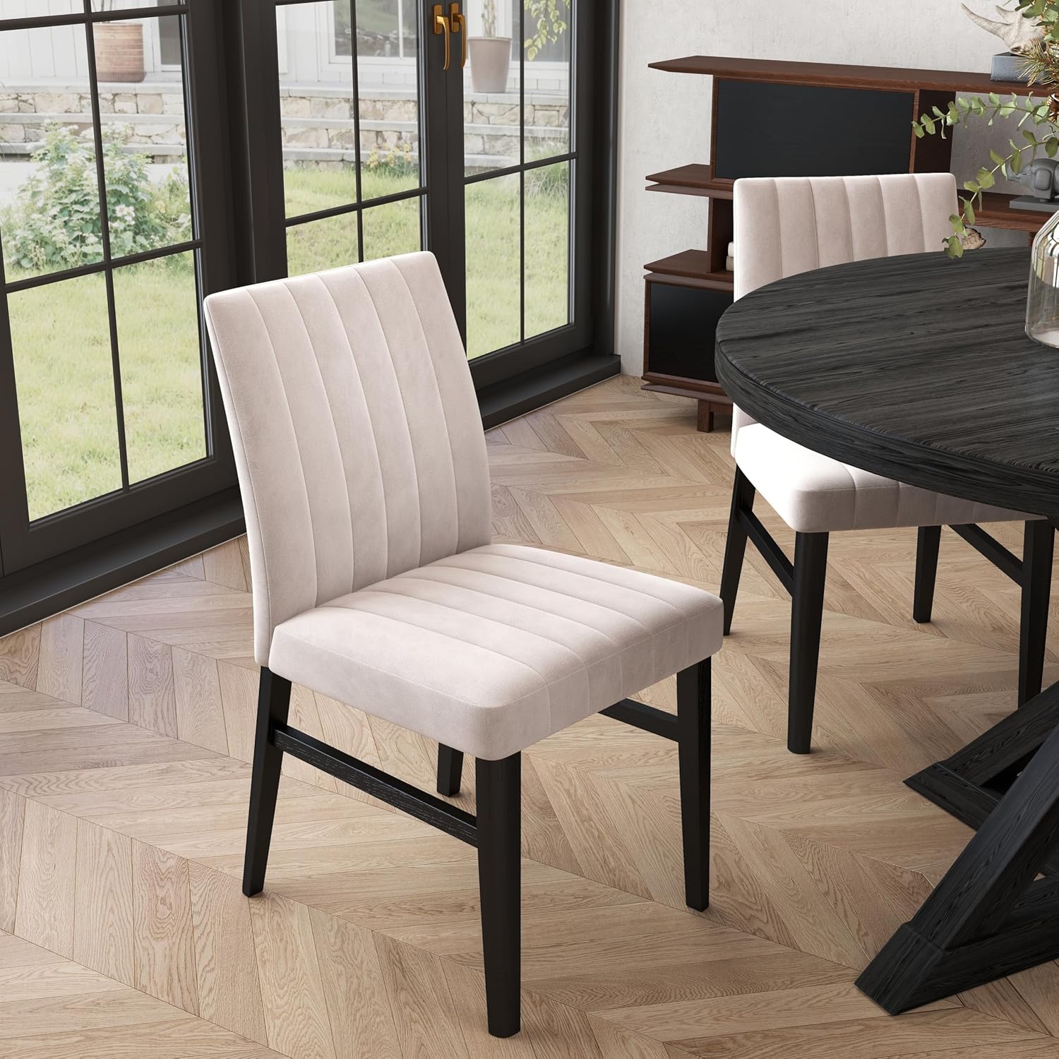 Roundhill Furniture Walton 5-Piece Round Dining Set, Cross-Buck Round Table with 4 Side Chairs, Tan