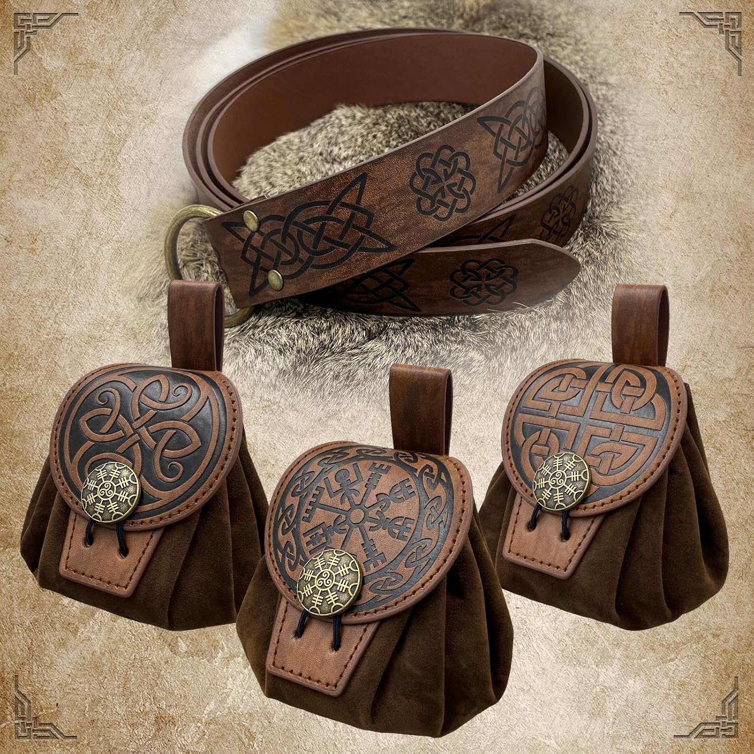 EpicCos 中世のOリングベルトと巾着ポーチ4点セット レトロフェイクレザーベルトバッグ ダイスバッグ ポータブル小銭入れ LA EpicCos  中世のOリングベルトと巾着ポーチ4点セット レトロフェイクレザーベルトバッグ ダイスバッグ ポータブル小銭入れ LARP用