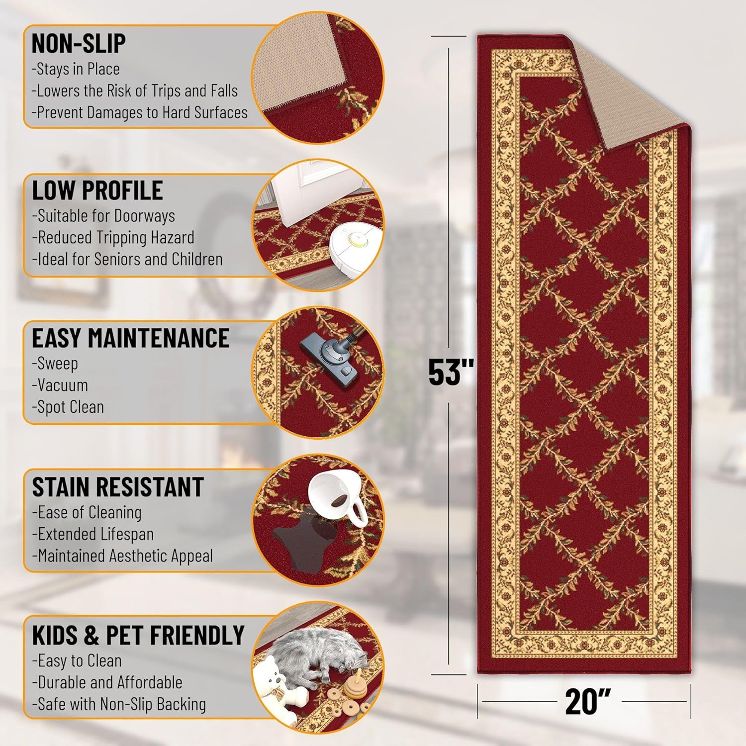 Ottomanson Hallway Runner Rug 20" x 53" Non Slip Trellis Area Rugs Easy to Clean Laundry Rug Runner Durable & Pet Friendly Floor Carpet Runners for Hallways Entryway Living Room Kitchen Bathroom, Red