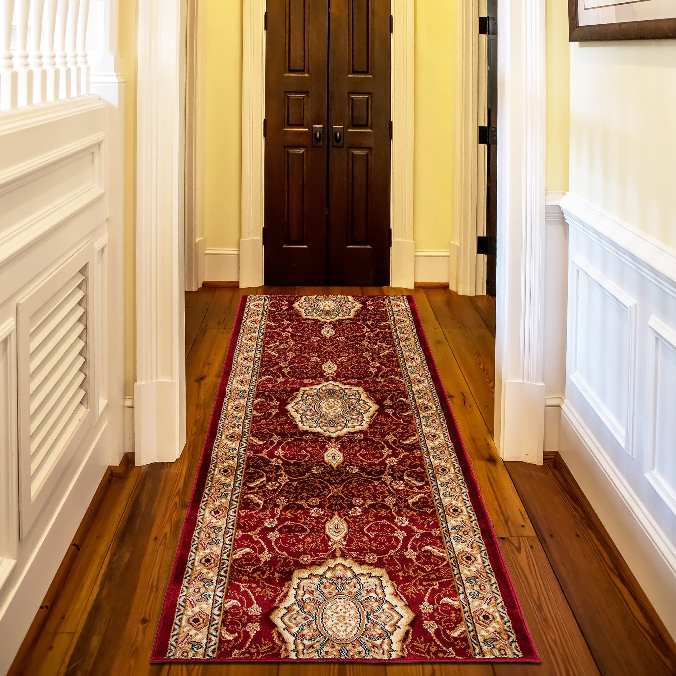 Mazovia Alfombra de Pasillo Larga - Design Oriental Pelo Corto - Alfombras de Pasillo por Metros - Alfombras para Pasillos Largos - Moqueta por Metros - Rojo - 70x225 cm