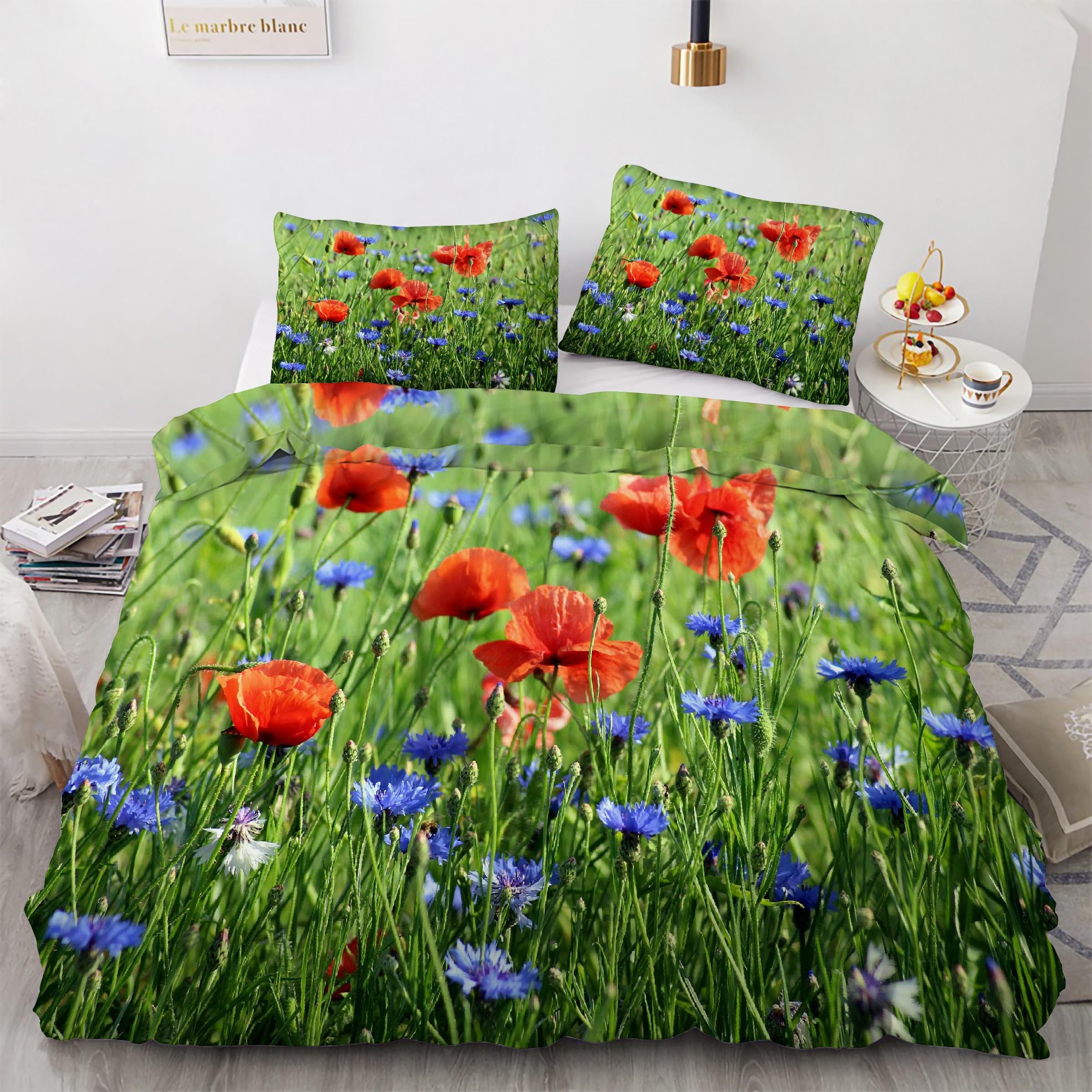 Housse de Couette 200x200 Fleurs Pavot avec 2 Taies d'Oreiller