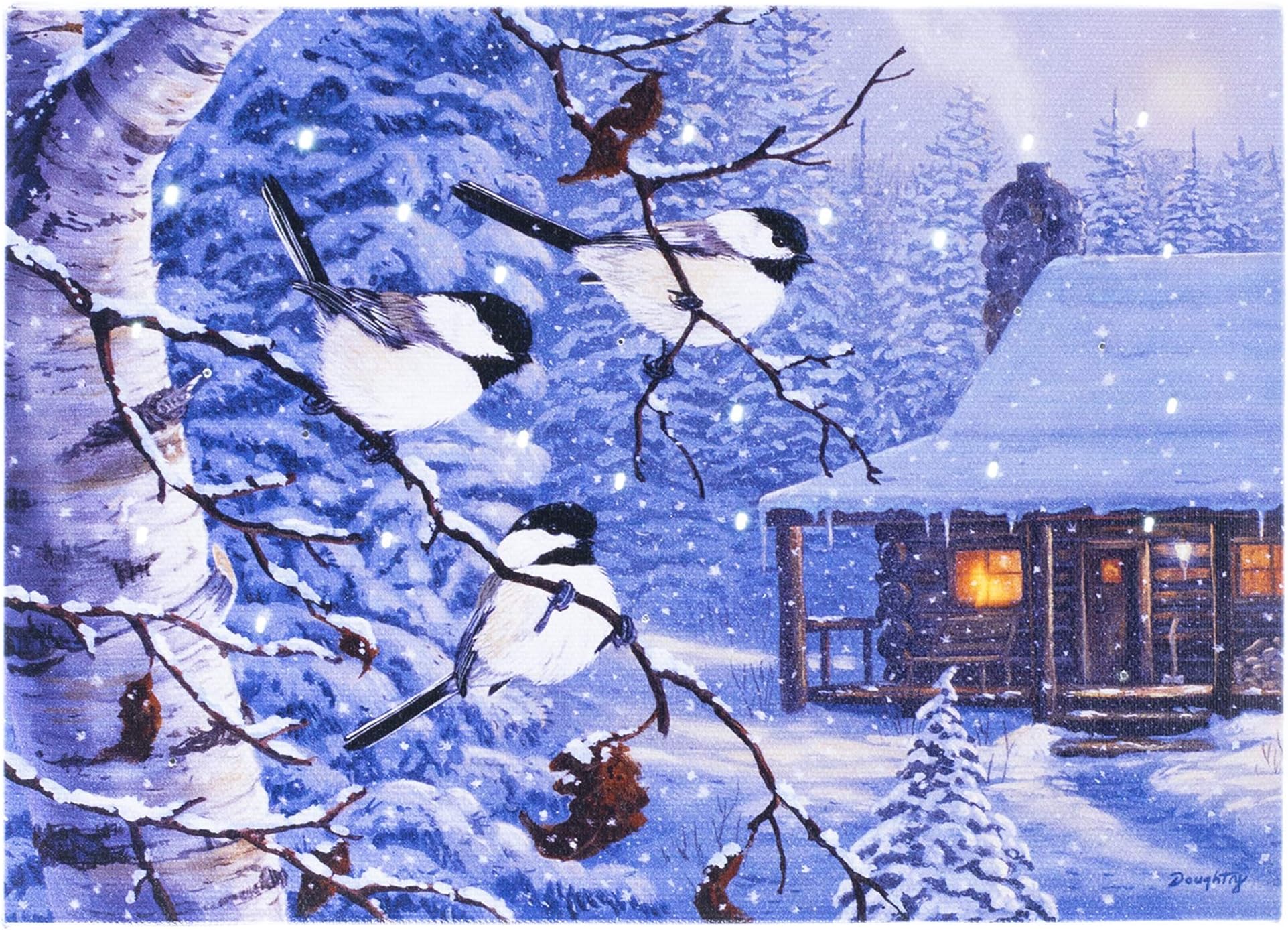 Oak Street Snowy Winter Scene Tabletop Canvas Art With Twinkling LED Lights and Timer (8" x 6")