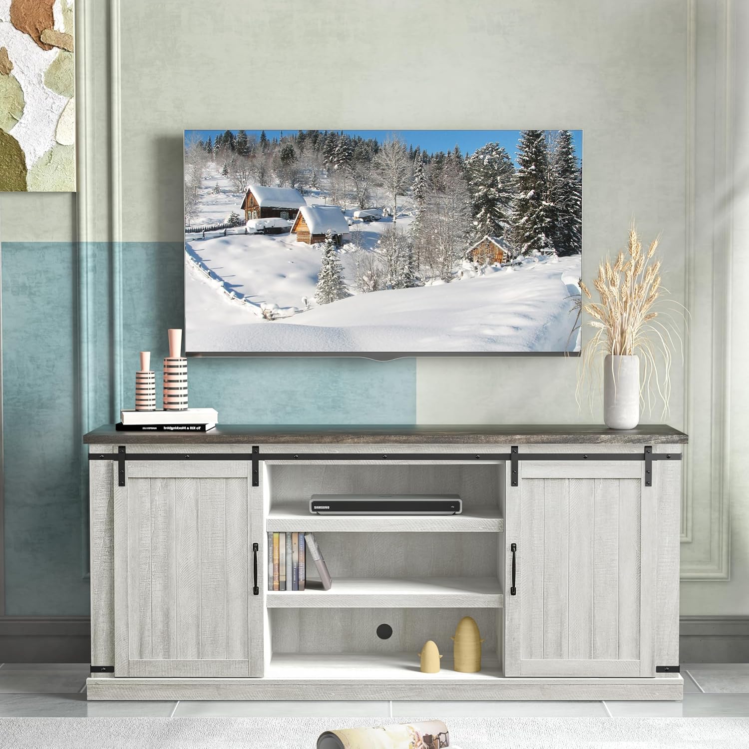 FESTIVITY 68 Inch TV Stand Entertainment Center with 2 Barn Doors and 9 Shelves for TVs up to 75", Farmhouse TV Console Table for Living Room & Bedroom (Navy)