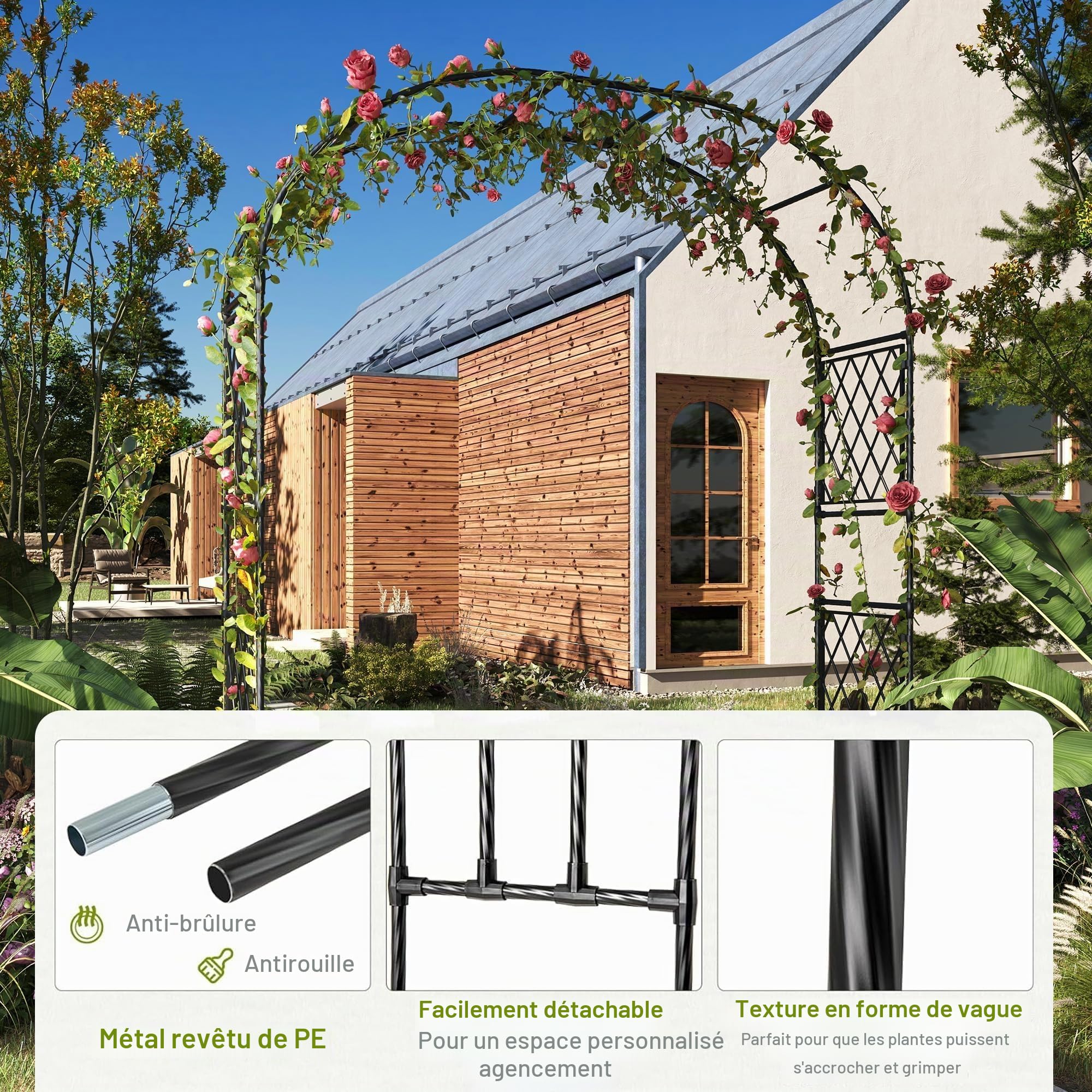 Arche Dôme avec Bac De Plantation Et Paravent, Fer + PE, Support pour Plantes Grimpantes, Décoration Jardin Extérieur Anticorrosion, 230x40x220 cm