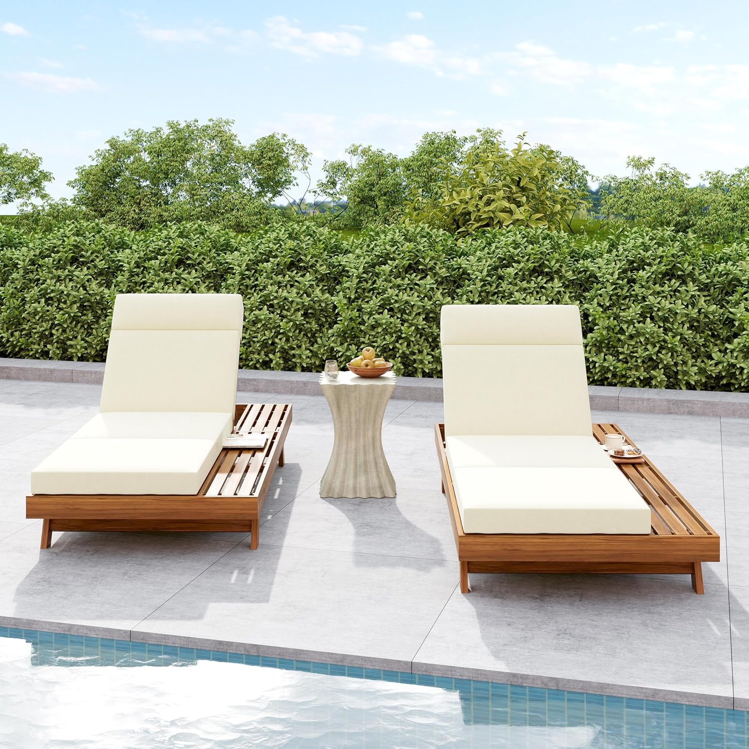 Merax Acacia Wood Chaise Lounge Chair Outdoor Set of 2, Patio Recliner with 4 Position Adjustable Backrest and 4" Thick Four-fold Cushion