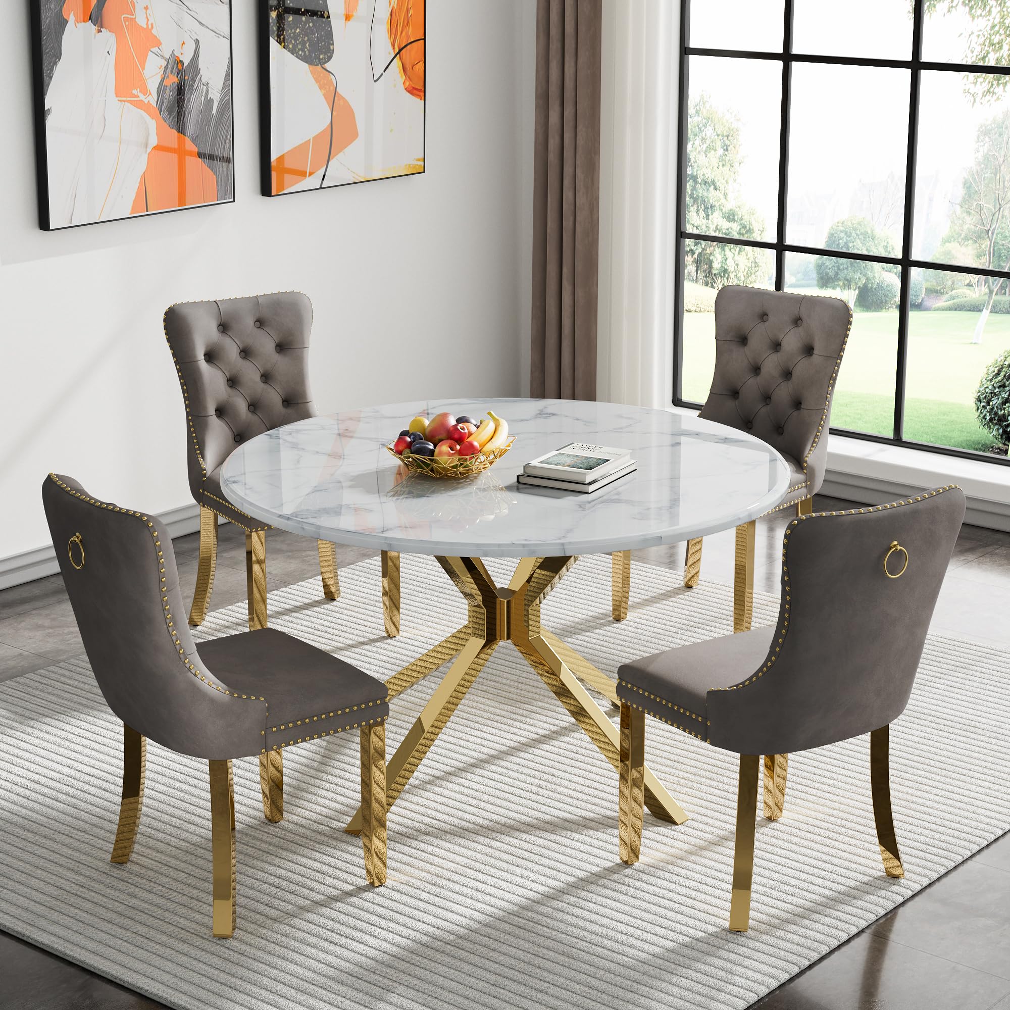 5-Piece Round Dining Table Set for 4, Luxury Faux Marble Kitchen Table Set for 4 with Grey Velvet Chairs, 45" Circle Dining Room Tables with White Marble Top and Gold Stainless Steel Cross Legs