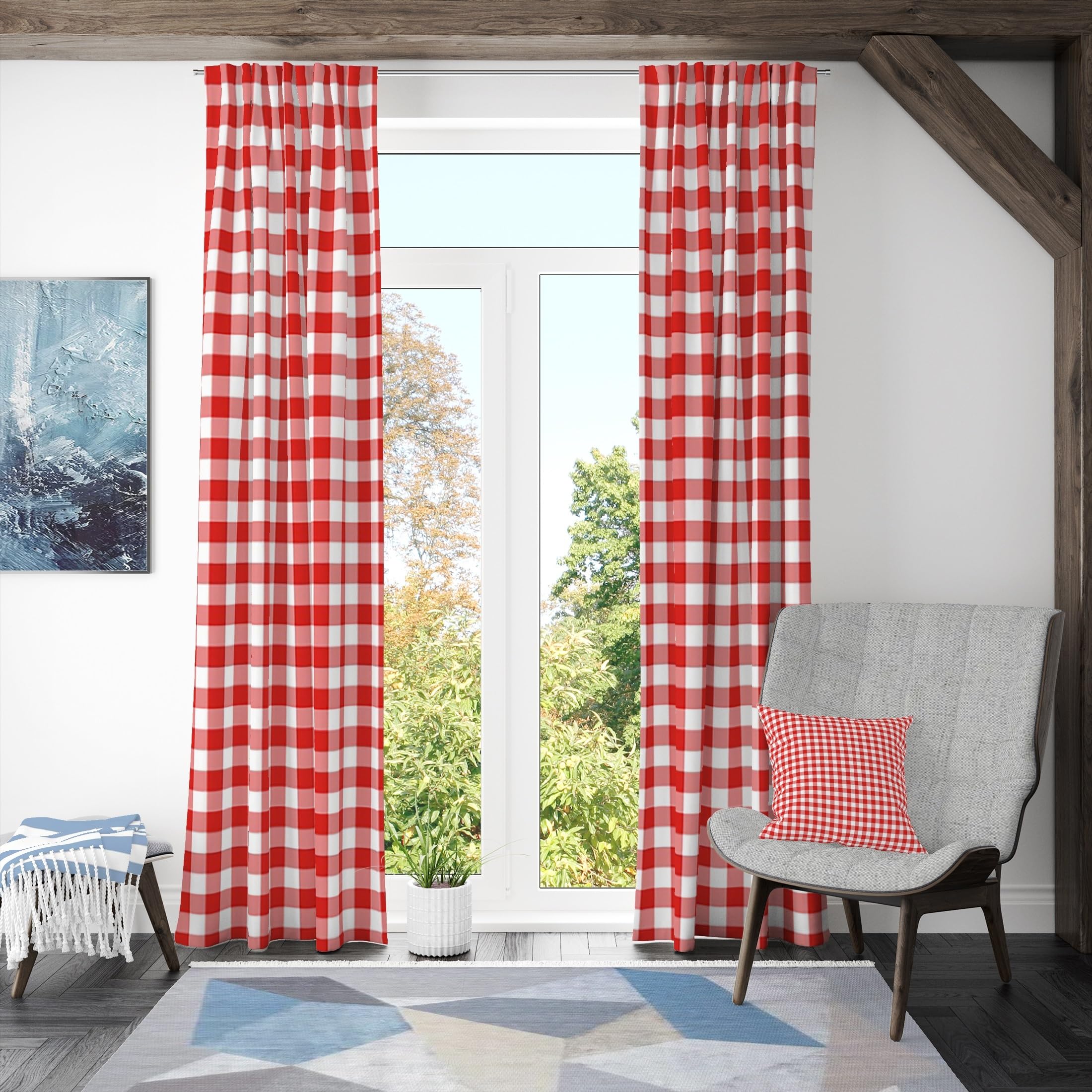 Tende a quadri Rosso e bianco Tenda per soggiorno Fattoria Tende Trattamenti per finestre Camera da letto Cameretta Interno Porta Linguetta posteriore Tenda 107x160cm 2 pannelli