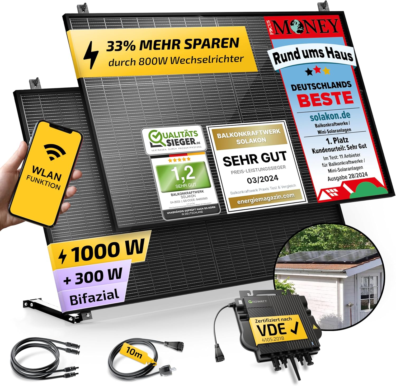 Solakon   1000 W Balcony Power Station with Bracket Garden Shed   800 W Complete Socket   Latest 800 Watt Inverter   Solar System Complete Set   500 W Bifacial Solar Panels Including Accessories