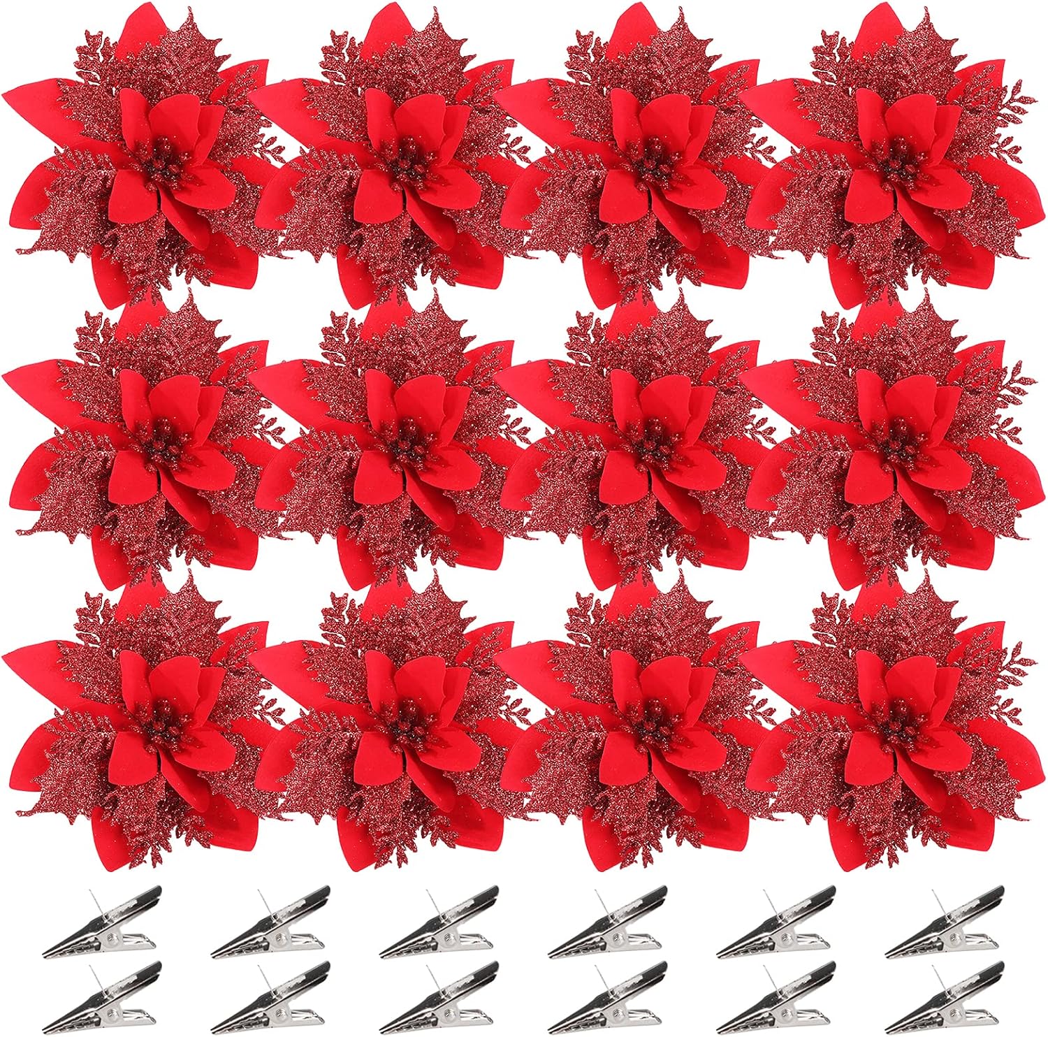 AOKUOX 12 Pcs Poinsettia Flowers for Christmas Tree Red Christmas Tree Flowers
