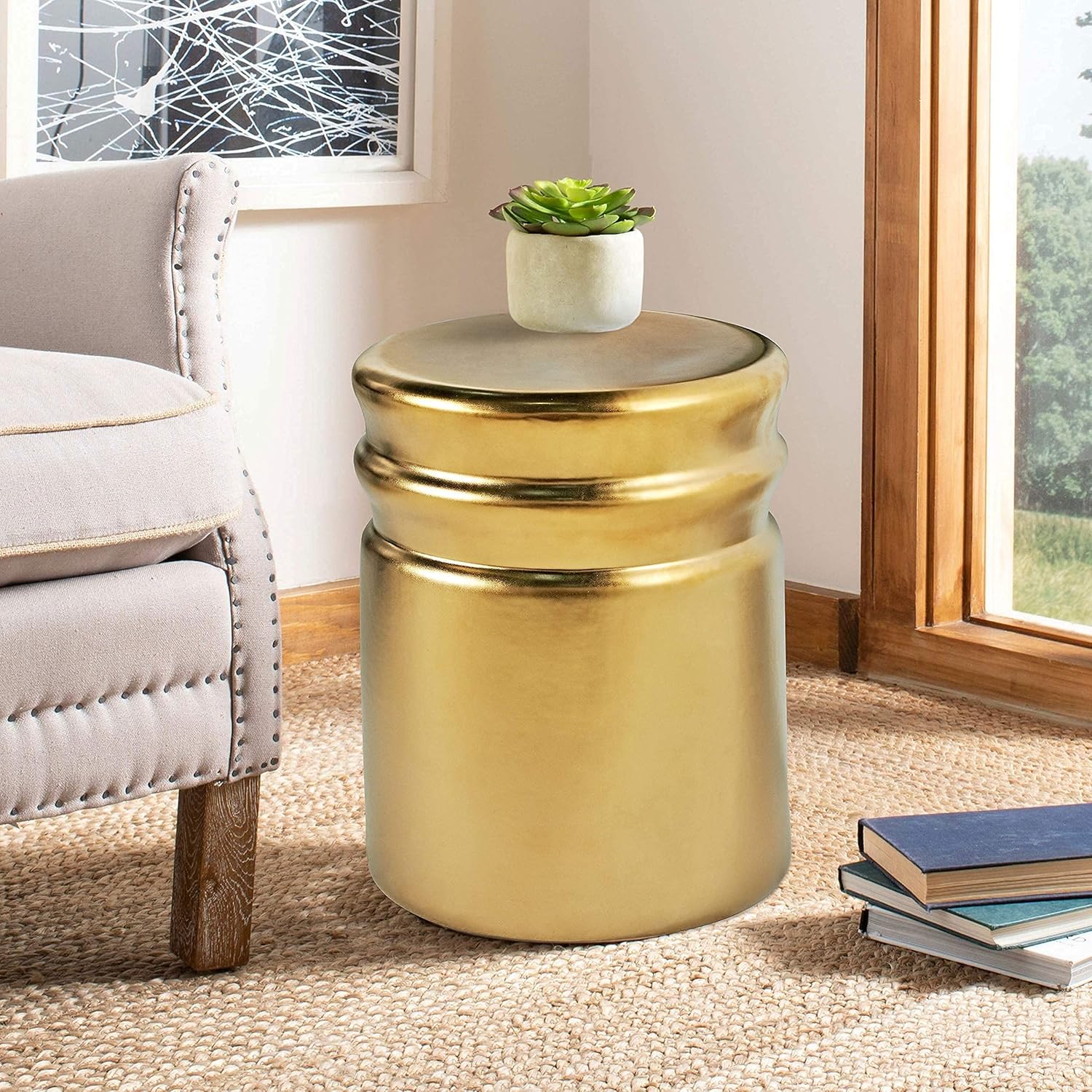 MOTINI Heavy Duty Yellow Ceramic Garden Stool for Indoor Outdoor Decorative Accent Side Table Castle Garden Collection, 17" H Plated Gold : Patio, Lawn & Garden