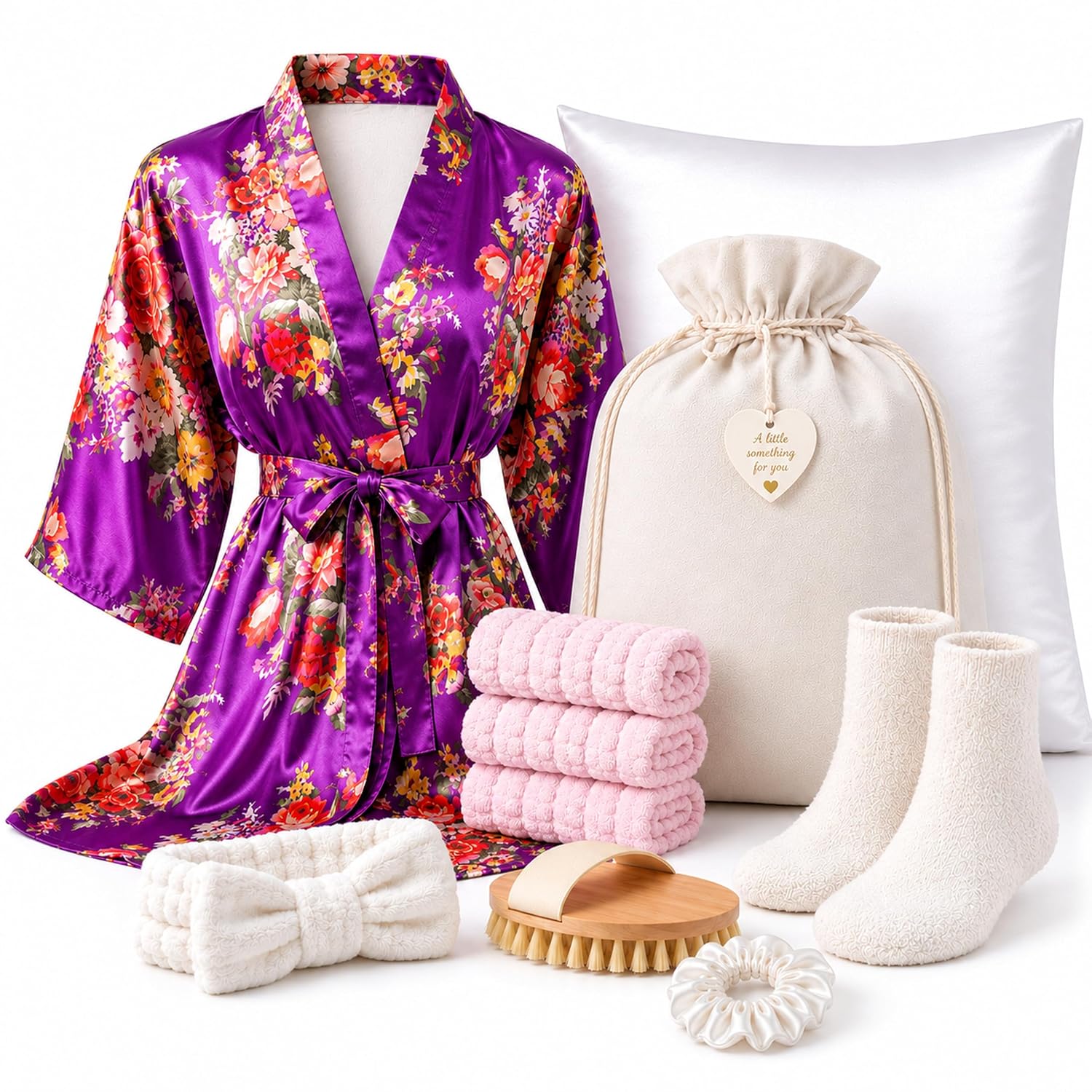 Spa Gift Set for Women - Purple Floral Satin Robe, Satin Pillowcase & Scrunchie, Spa Headband, Fuzzy Socks, Dry Brush, Washcloths - Self Care Gift Basket for Mom, Birthday, Christmas