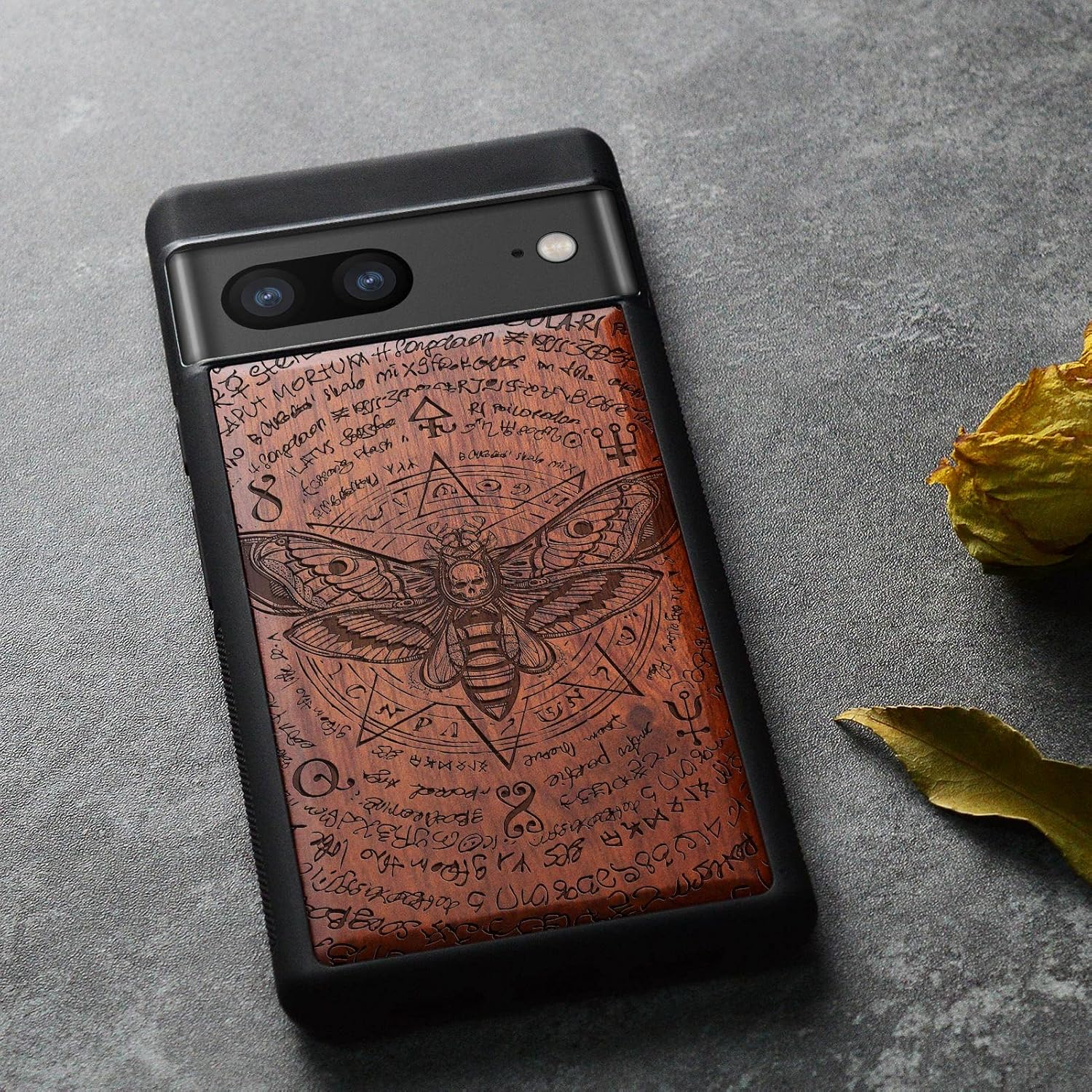 Carveit Wood Case for Pixel 7 Case [Natural Wood & Black Soft TPU] Shockproof Protective Unique Wooden Cover Compatible with Google Pixel 7 (Death's Head Moth-Rosy)