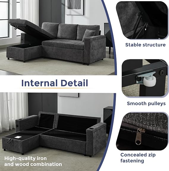 MAXYOYO Corner Sofa Bed with Storage, Pull Out Sectional Sofa Bed with Left/Right Convertible Launge, USB, Cup Holder, Linen Fabric for Living Room Apartment