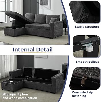 MAXYOYO Corner Sofa Bed with Storage, Pull Out Sectional Sofa Bed with Left/Right Convertible Launge, USB, Cup Holder, Linen Fabric for Living Room Apartment