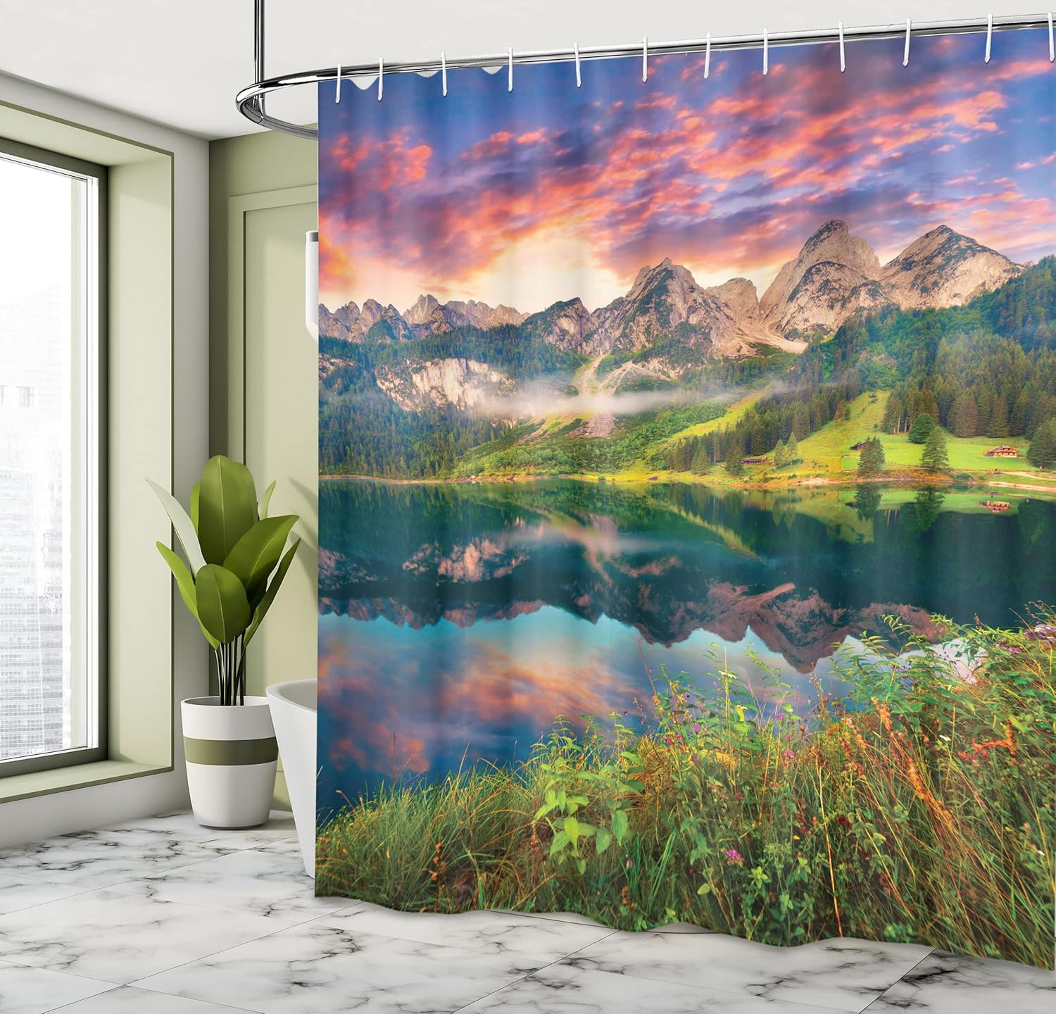 Ambesonne Landscape Shower Curtain, Summer Sunrise on Vorderer Gosausee Lake in The Austrian Alp Mountains, Cloth Fabric Bathroom Decor Set with Hooks, 69" W x 84" L, Pink Green