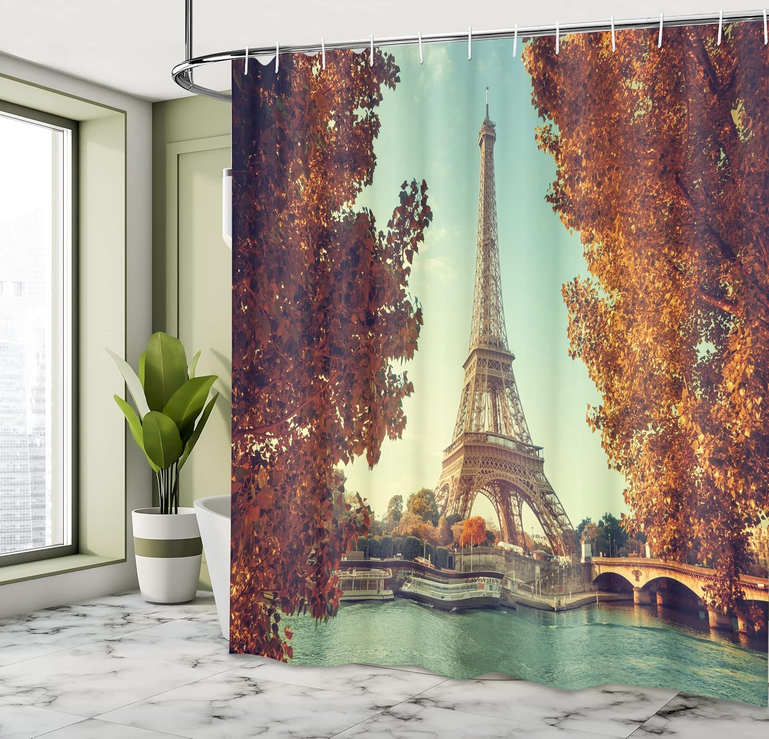Ambesonne Eiffel Tower Shower Curtain, Scene in Paris with Eiffel Tower Autumn Time Orange Leaves Bridge Scenery, Cloth Fabric Bathroom Decor Set with Hooks, 69" W x 84" L, Amber Turquoise