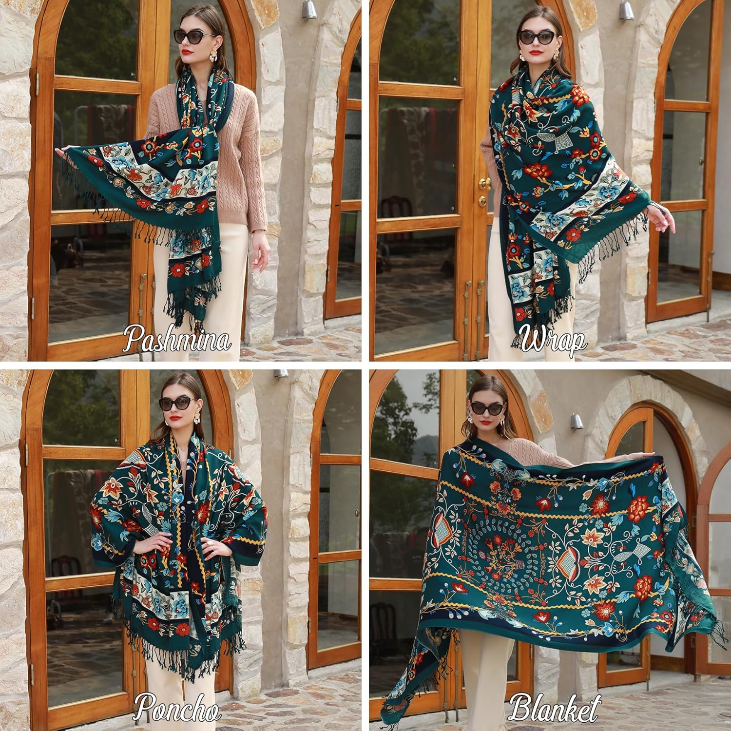 DANA XU 100% Merino Wool Extra Large Pashmina Blanket Travel Scarf Cashmere Wrap for Women Fall Winter Oversize Shawl Floral - Image 5