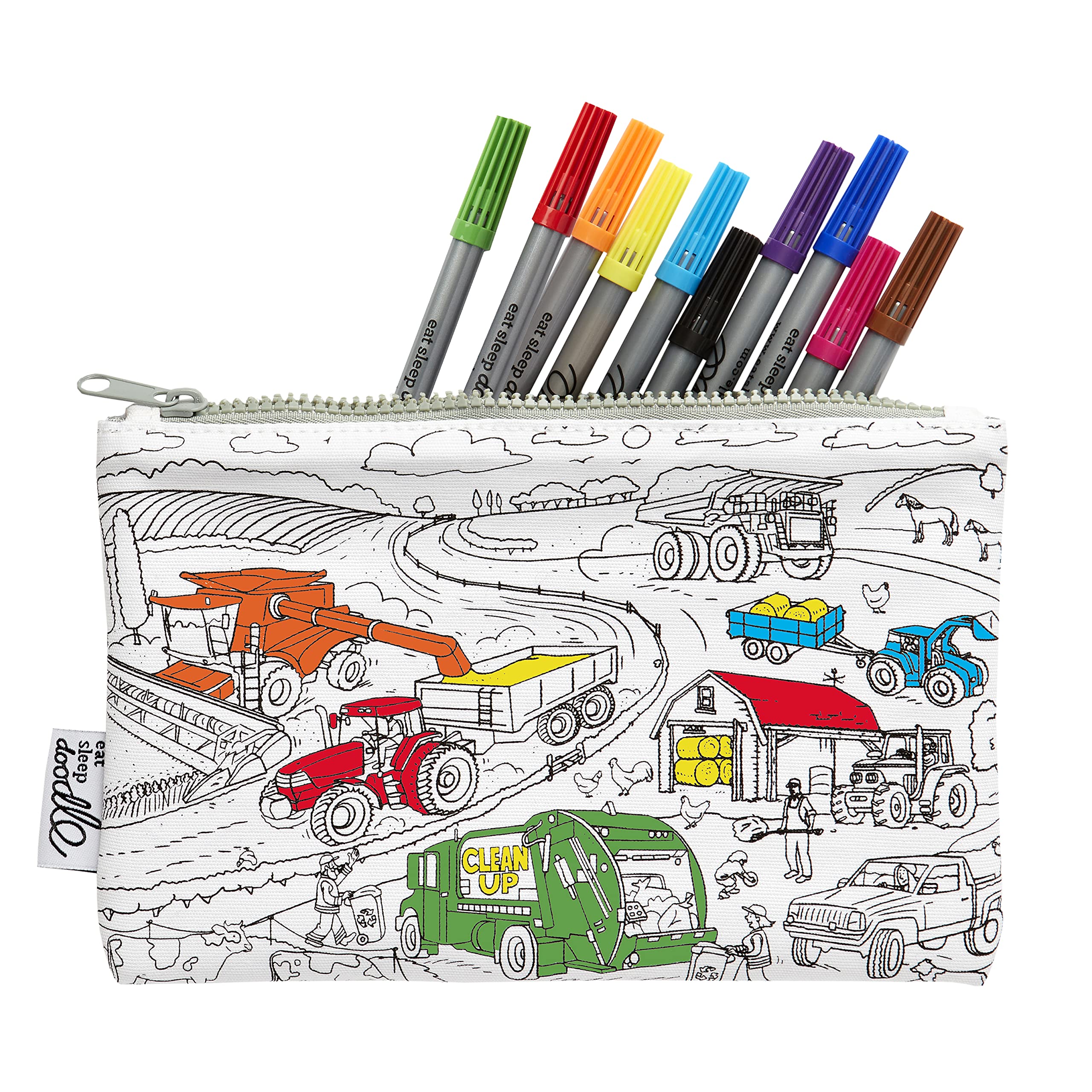 eatsleepdoodle Colouring Pencilcase for Kids w/ 10pk Washable Markers - 22x14cm Cars & Trucks Kids Coloring Pencilcase - Ultra Washable & Reusable Arts and Crafts