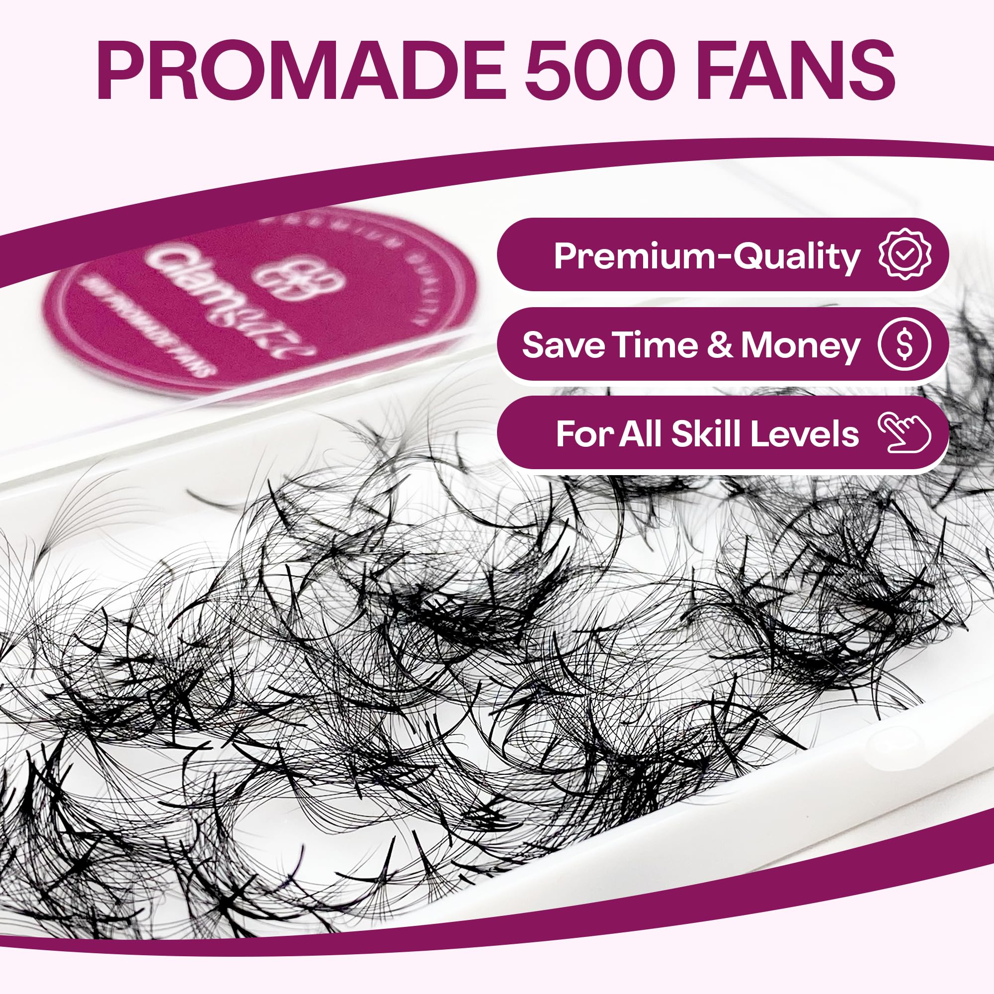 GLAMGAZE 500 Promade Fans - 3D to 16D, C CC D Curl, 0.05-0.07mm Thickness, 8-17mm Length - Premade Lash Fans Handmade Volume Lash Extensions Loose Premade Fans Eyelash Extensions (10D-0.07-CC 11mm)
