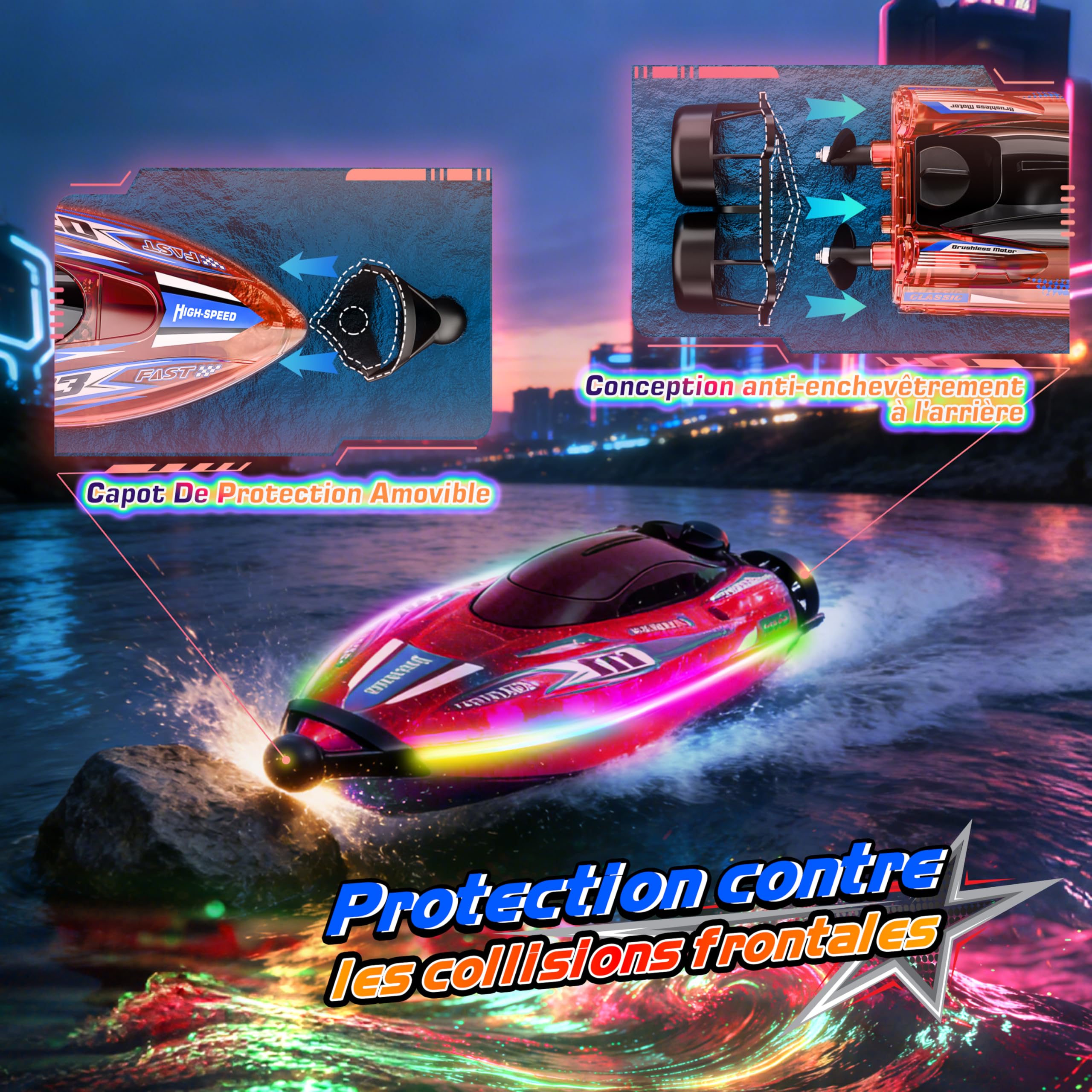 FORMIZON Bateau Télécommandé 25 km/h, Bateau RC avec Lumière LED pour Piscine et Lacs, 2,4GHZ Speedboat de Course RC avec Anti-Enchevêtrement à l’Arrière, Boat Jouet Piscine pour Enfants (Rouge)