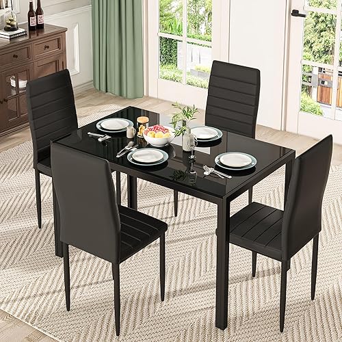 Lamerge Juego de mesa de comedor para 4 5 piezas con tablero de mesa de vidrio templado y 4 sillas de cuero sintético para sala de estar comedor