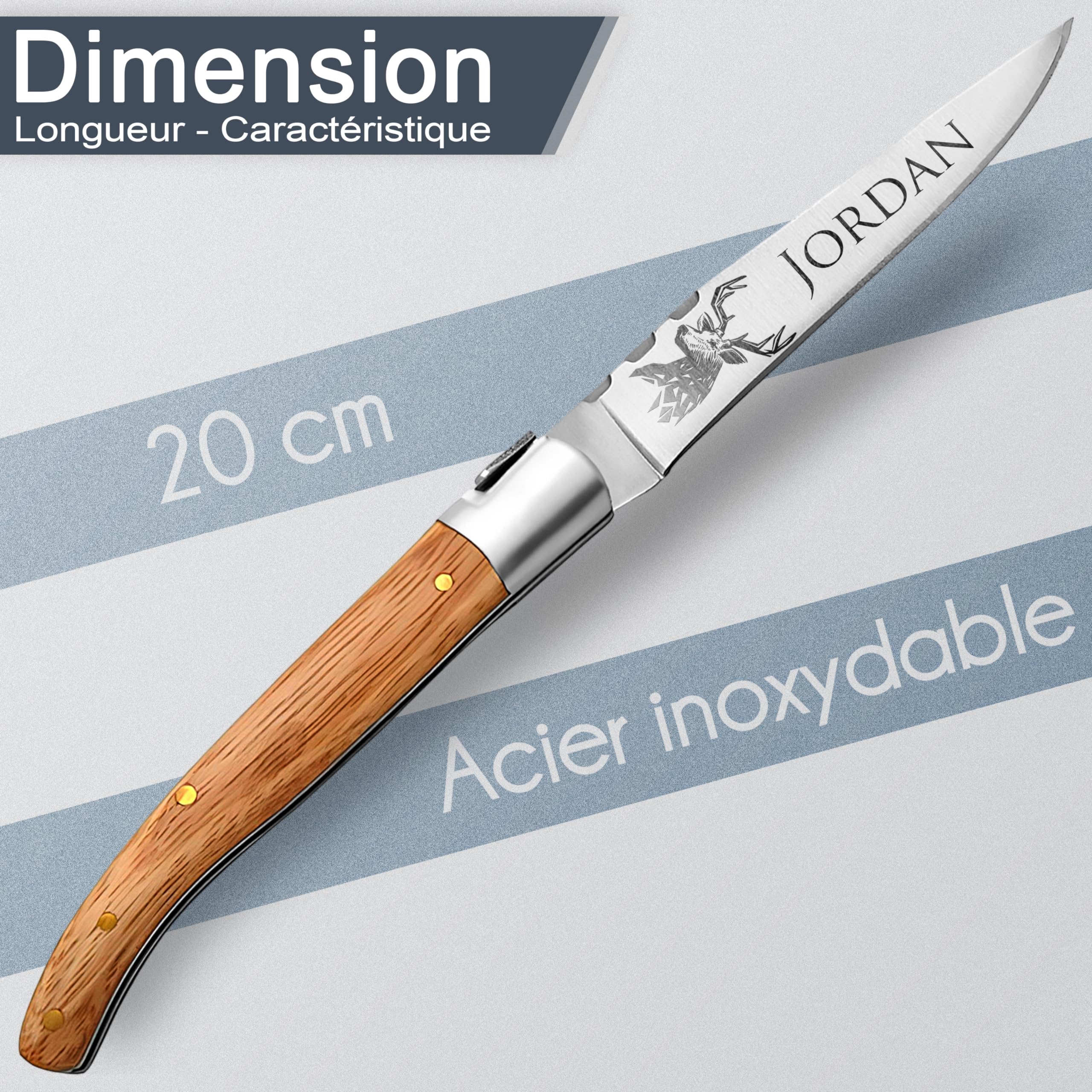 KDO MAGIC Couteau personnalisé - Lame avec prénom gravé - Manche en bois de frêne - Idée Cadeau - Cadeau pour homme, fête des pères, papa, grands pères, tonton, parrain, anniversaire, noël