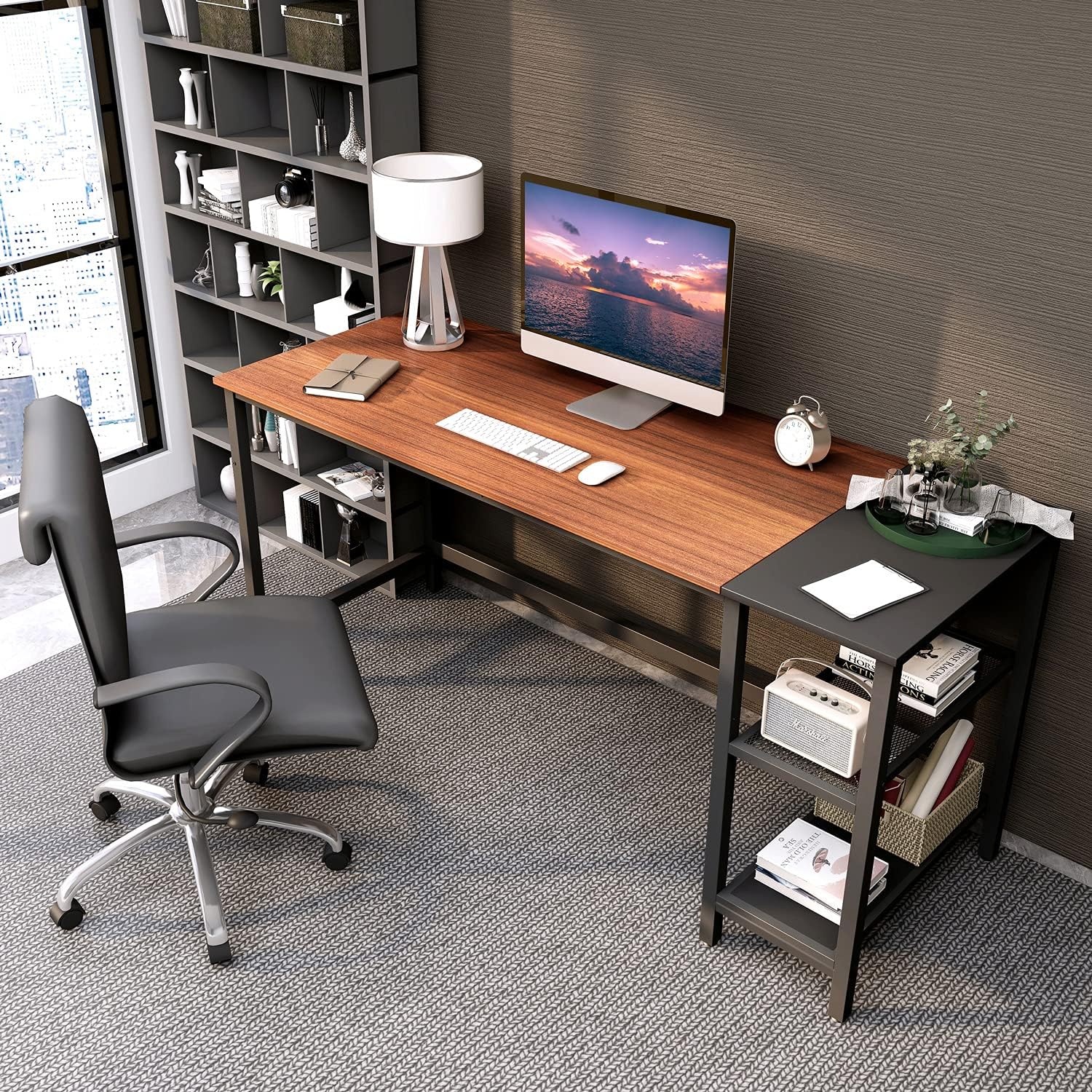 CubiCubi Computer Home Office Desk, 55 Inch Small Desk Study Writing Table with Storage Shelves, Modern Simple PC Desk with Splice Board, Walnut/Black