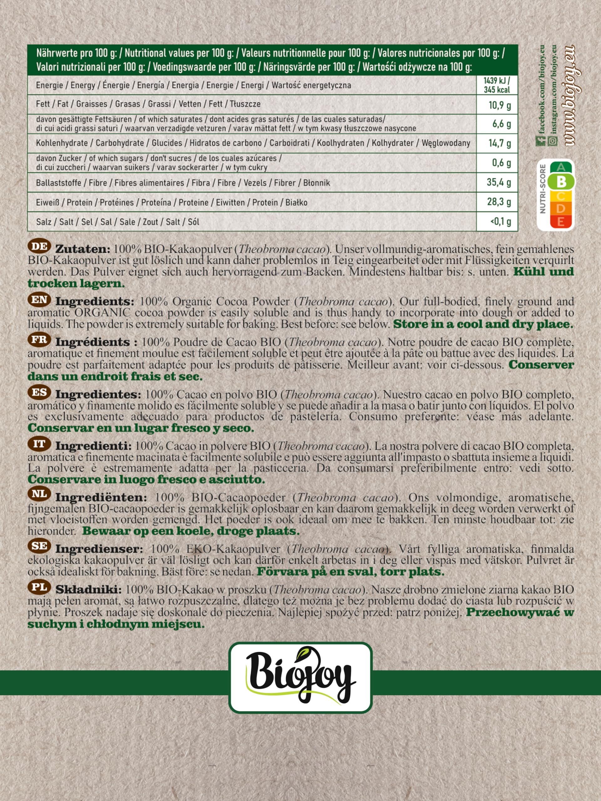 Biojoy Cacao in Polvere Biologico (1 kg), Naturale e Senza Zuccheri Aggiunti (Theobroma cacao)