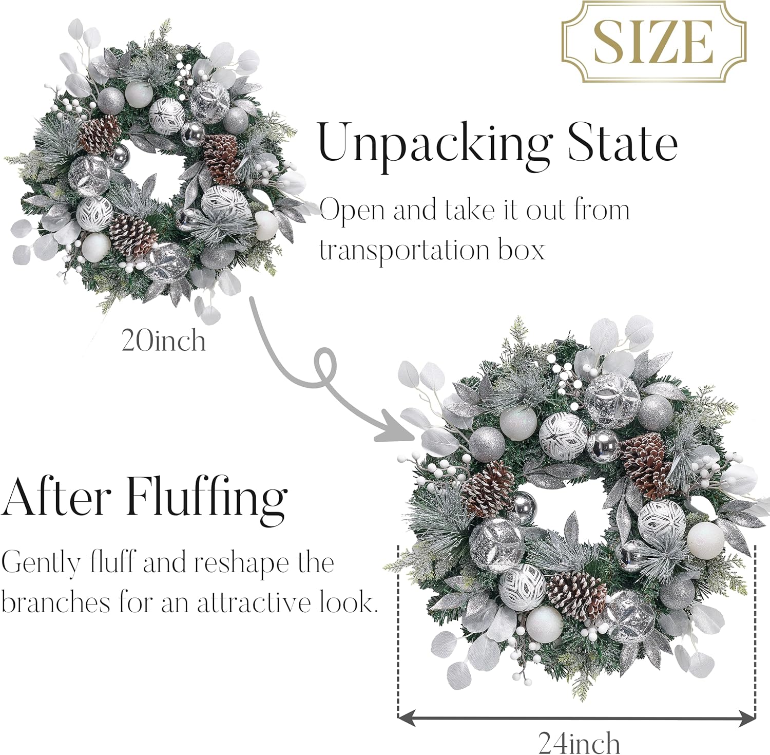 Valery Madelyn 24'' Pre-Lit Christmas Wreath for Front Door with Light, Large Lighted Outdoor Christmas Wreath with Silvery White Xmas Balls & Pinecones for Home Porch Fireplace Window Holiday Decor