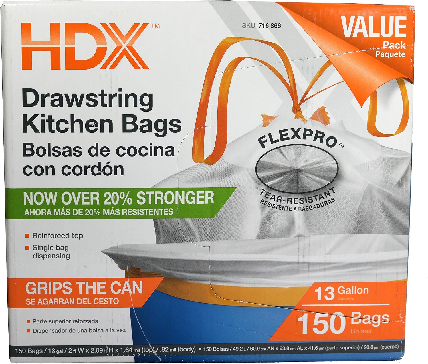 HDX 716866 13-Gallon Drawstring .9 Mil Tear Resistant Expandable Kitchen Trash Bag w/ Dispensing Container (150 Count) [Packaging May Vary]