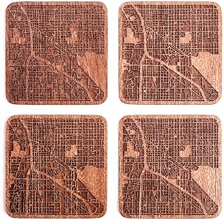 Tucson Map Coaster by O3 Design Studio, Set Of 4, Sapele Wooden Coaster With City Map, Handmade