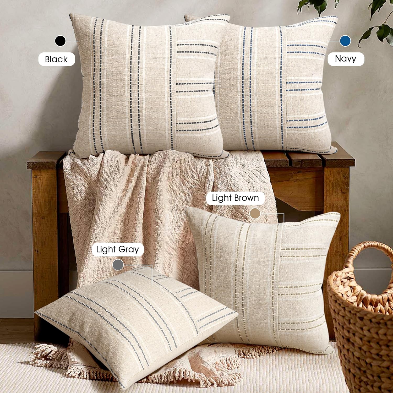 AELS 26x26 Decorative Farmhouse Linen Throw Pillow Covers, Boho Textured Pillow Case, Set of 2, Beige with White & Gray Stripe Patchwork Cushion Cover for Sofa Couch Living Room (Cover ONLY) - Image 6