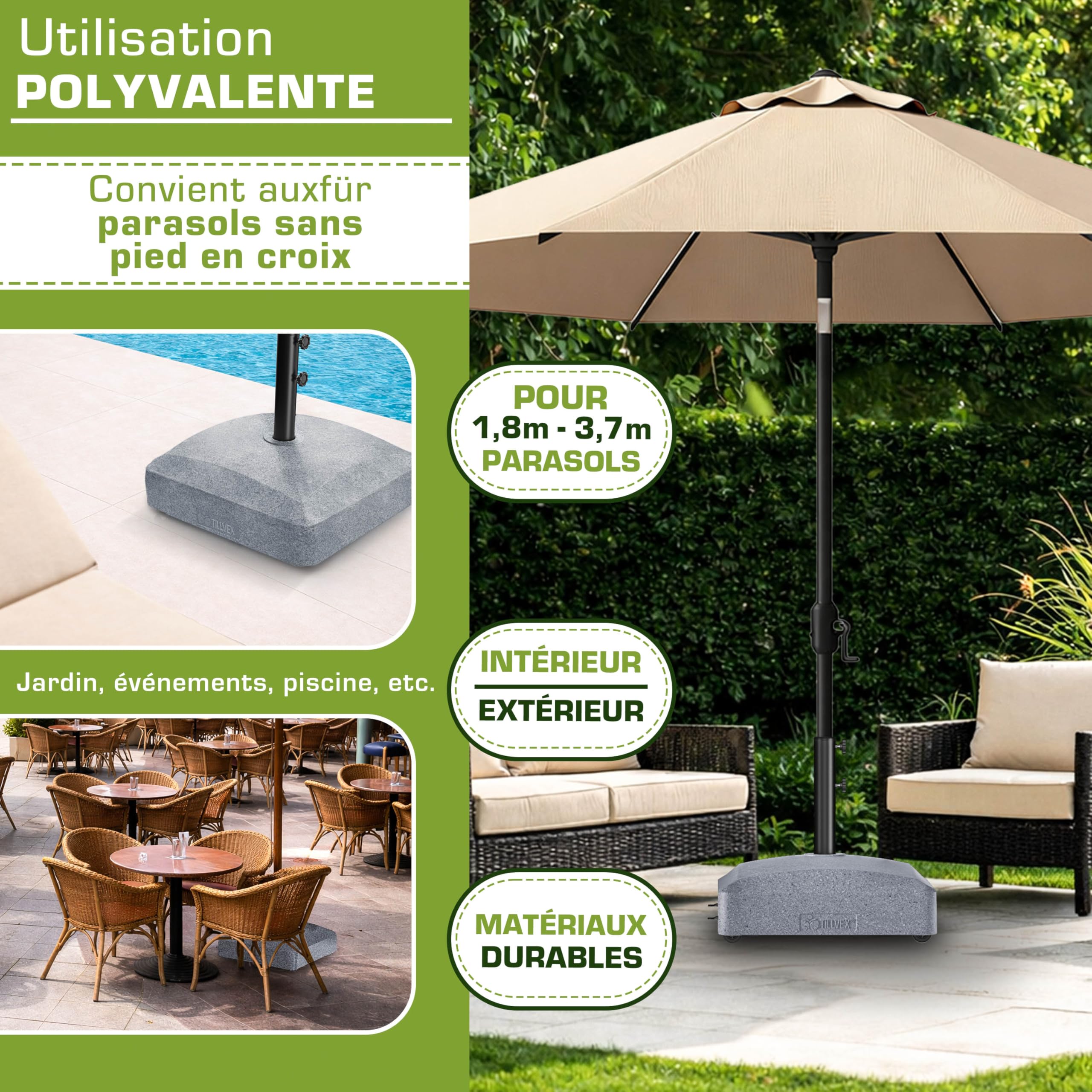 tillvex® Pied de parasol PAVERA à roulettes et freins | Support de lestage parasol à remplir 37L/56kg | Poids pour parasol droit et de marché Ø1,8-3,7m | Résistant aux intempéries et UV (Effet Granit)
