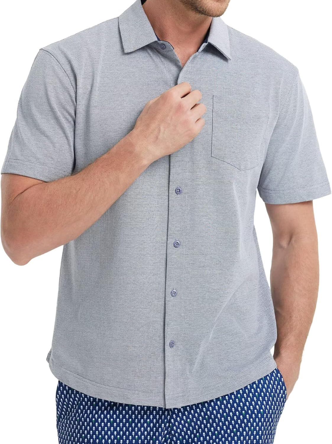 VEBOON Men's Short Sleeve Button Down Shirts Cotton Lightweight Stretch Moisture Wicking Dress Shirt with Pocket Medium Dark Blue Heather