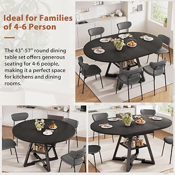 Extendable Dining Table for 4-6, Round Extendable Dining Room Table with Removable Leaf & Storage Shelf, Expandable Oval Kitchen Table with Pedestal Base, Modern Industrial Space Saving (Black)