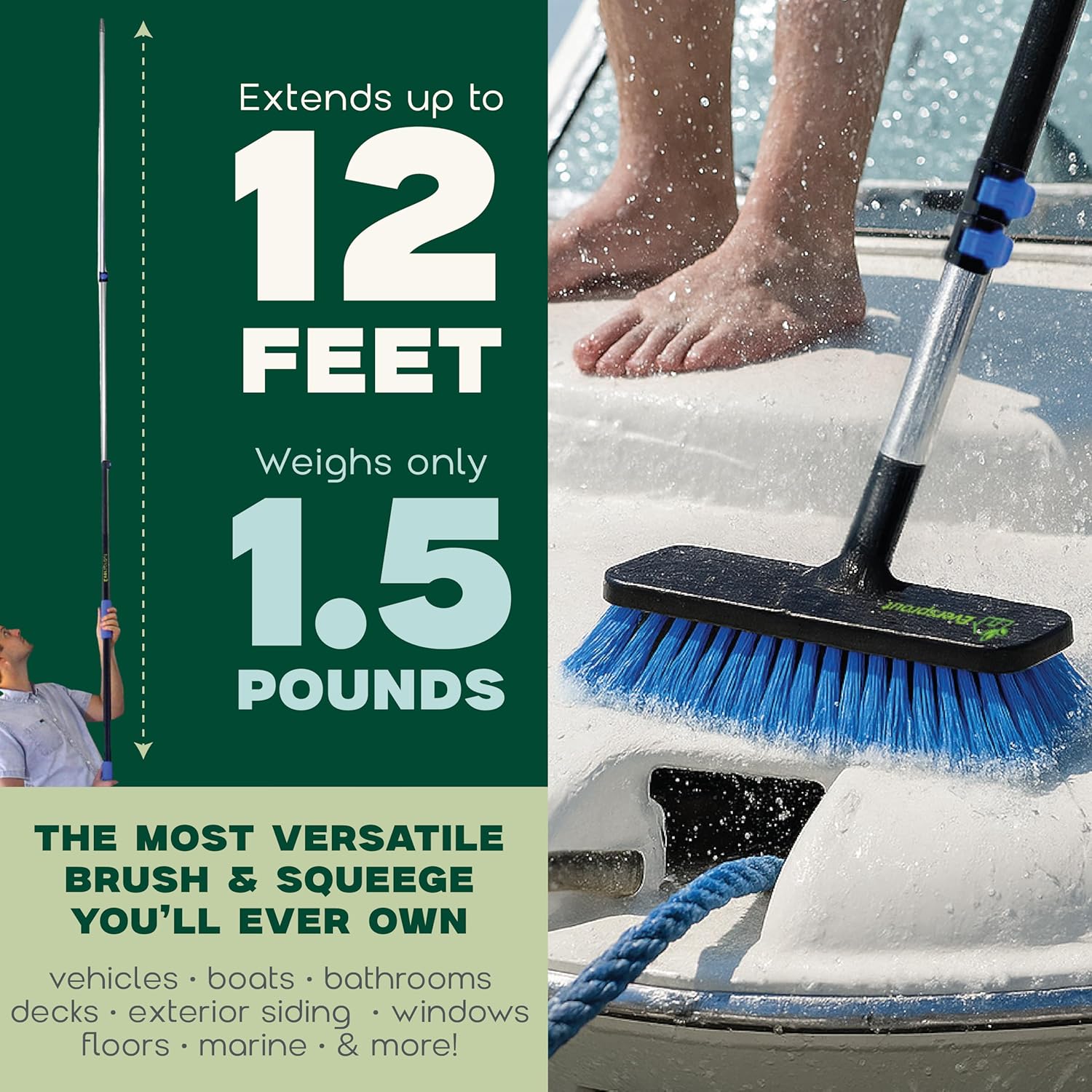 EVERSPROUT 11-inch Scrub Brush with Built-in Rubber Bumper | Soft Bristles wash Car, Truck, RV, Boat, Solar Panel, Floor | Bumper Prevents Scratches | Twists on 3/4-inch Acme Pole (Pole not Included)