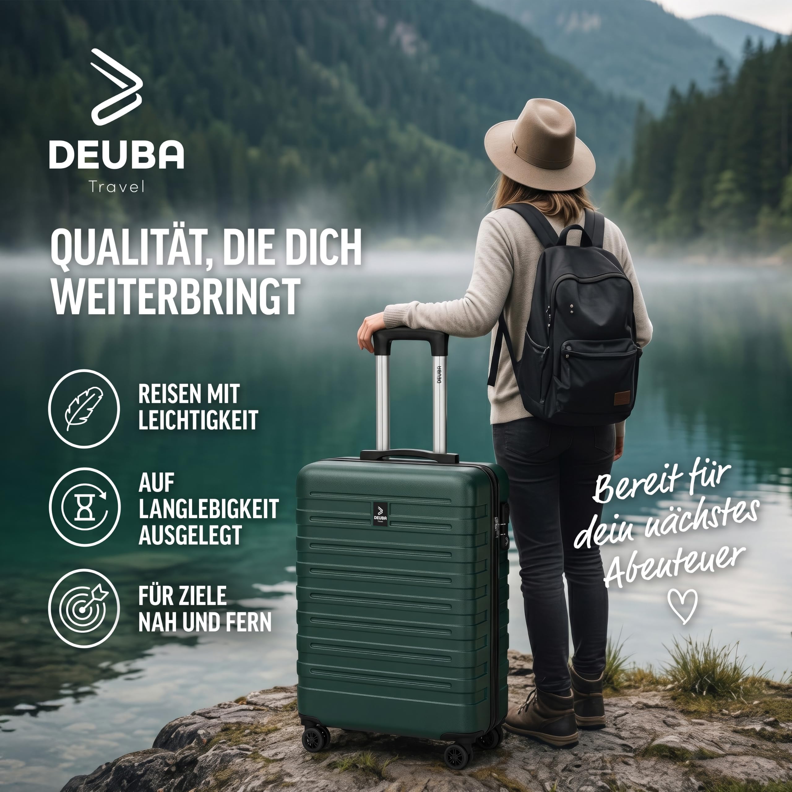 DEUBA® TRAVEL Koffer Set 3tlg 55x40x20 Sicherer Stauraum Kreuzgurt PVC Fach Reisekoffer Groß Trolley Suitcase mit 360° Rollen Hartschalenkoffer Handgepäck Koffer Dunkelgrün
