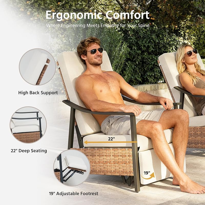 LAUSAINT HOME Outdoor Recliner Chair with Adjustable Back and Footrest, Wicker Rattan Patio Reclining Lounge Chair with Olefin Cushion, for Backyard, Garden, Living Room, Brown Frame & Beige Cushion image 4
