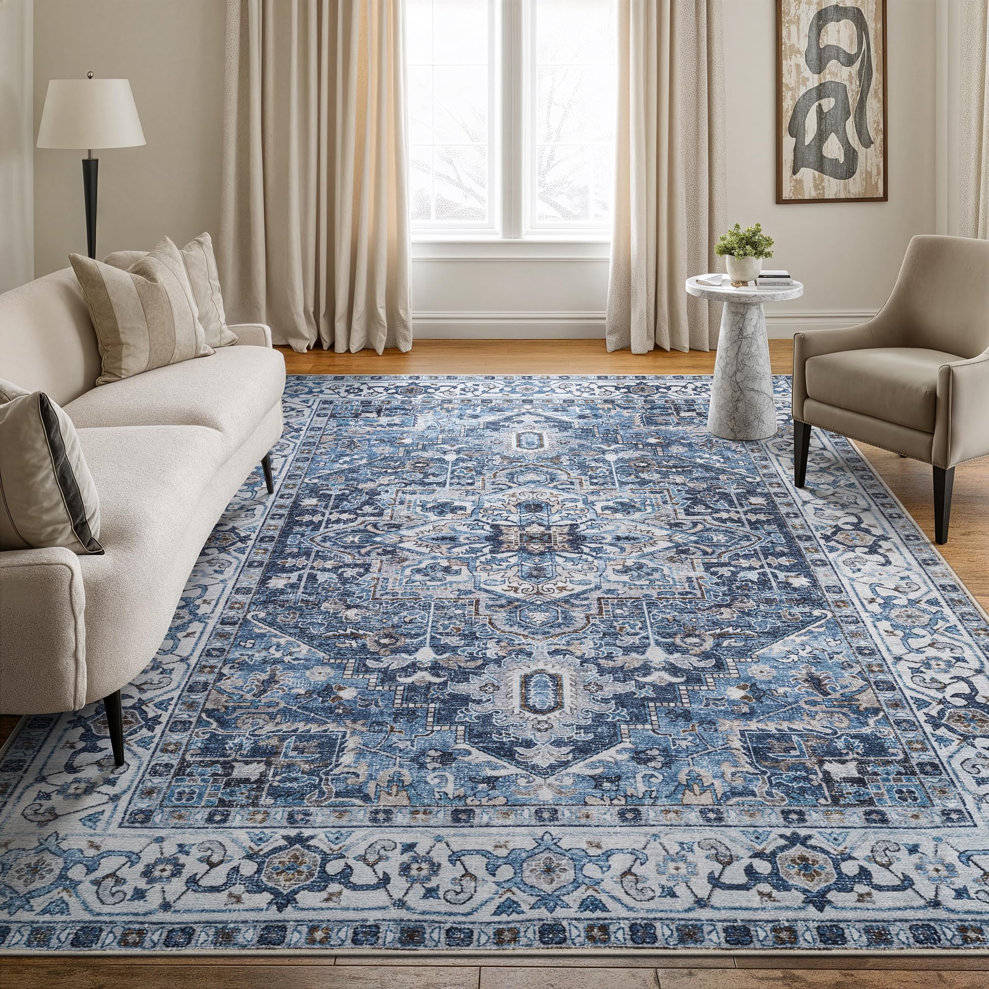 Bloom Rugs Caria Washable Non-Slip 6x9 Rug - Navy Blue Traditional Area Rug for Living Room, Bedroom, Dining Room, and Kitchen - Exact Size: 6' x 9'