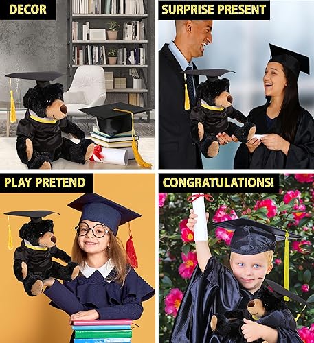 Miniatura 4 de DolliBu Black Bear - Peluche de graduación con capucha de felpa roja súper suave, vestido de animal de peluche con bata y gorra con borla, bonito