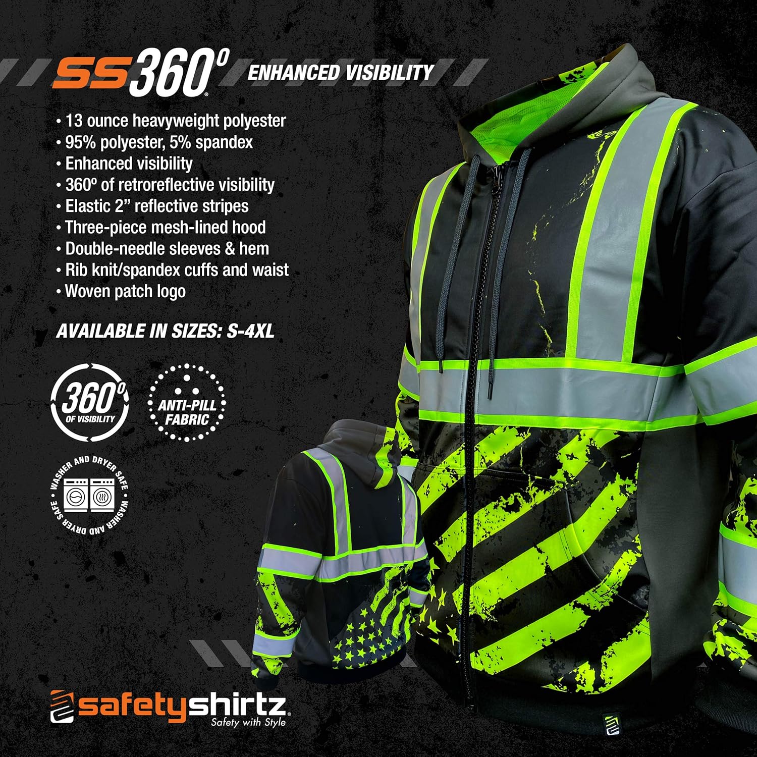 Miniatura 4 de SafetyShirtz SS360 Stealth American Grit - Sudadera con capucha con cremallera, color negro, visibilidad mejorada, Negro y amarillo personalizado.