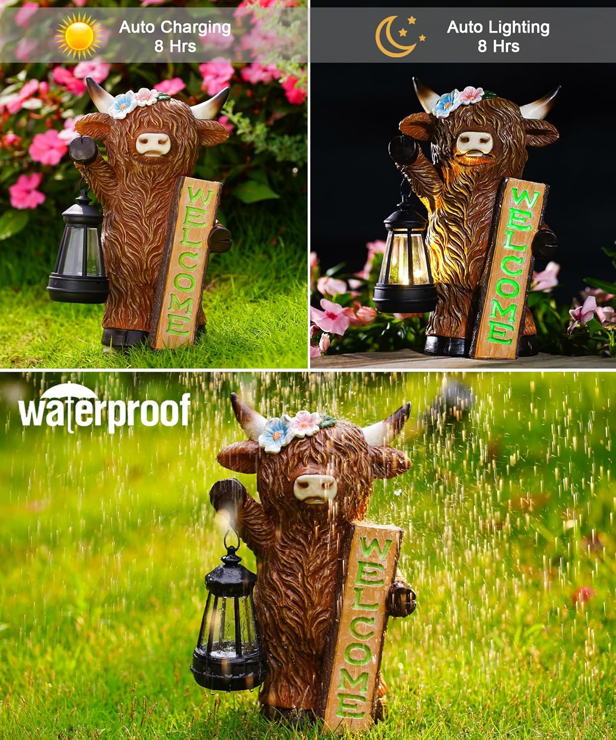 Nacome Highland Cow Garden Statue for Decor: Outdoor Sculpture with Solar Lantern and Welcome Sign for Outside Ornament Yard Art Lawn Porch Patio Balcony - Birthday Gifts for Women Mom(Brown)
