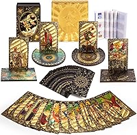 Vista 1 de Tarjetas de tarot con libro guía, juego de 80 cartas de tarot doradas con 4 portatarjetas de tarot de madera, cubierta de tarot impermeablejuego