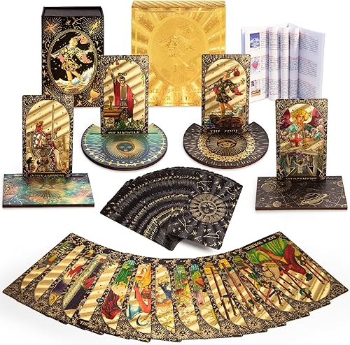 Miniatura 1 de Tarjetas de tarot con libro guía, juego de 80 cartas de tarot doradas con 4 portatarjetas de tarot de madera, cubierta de tarot impermeablejuego de