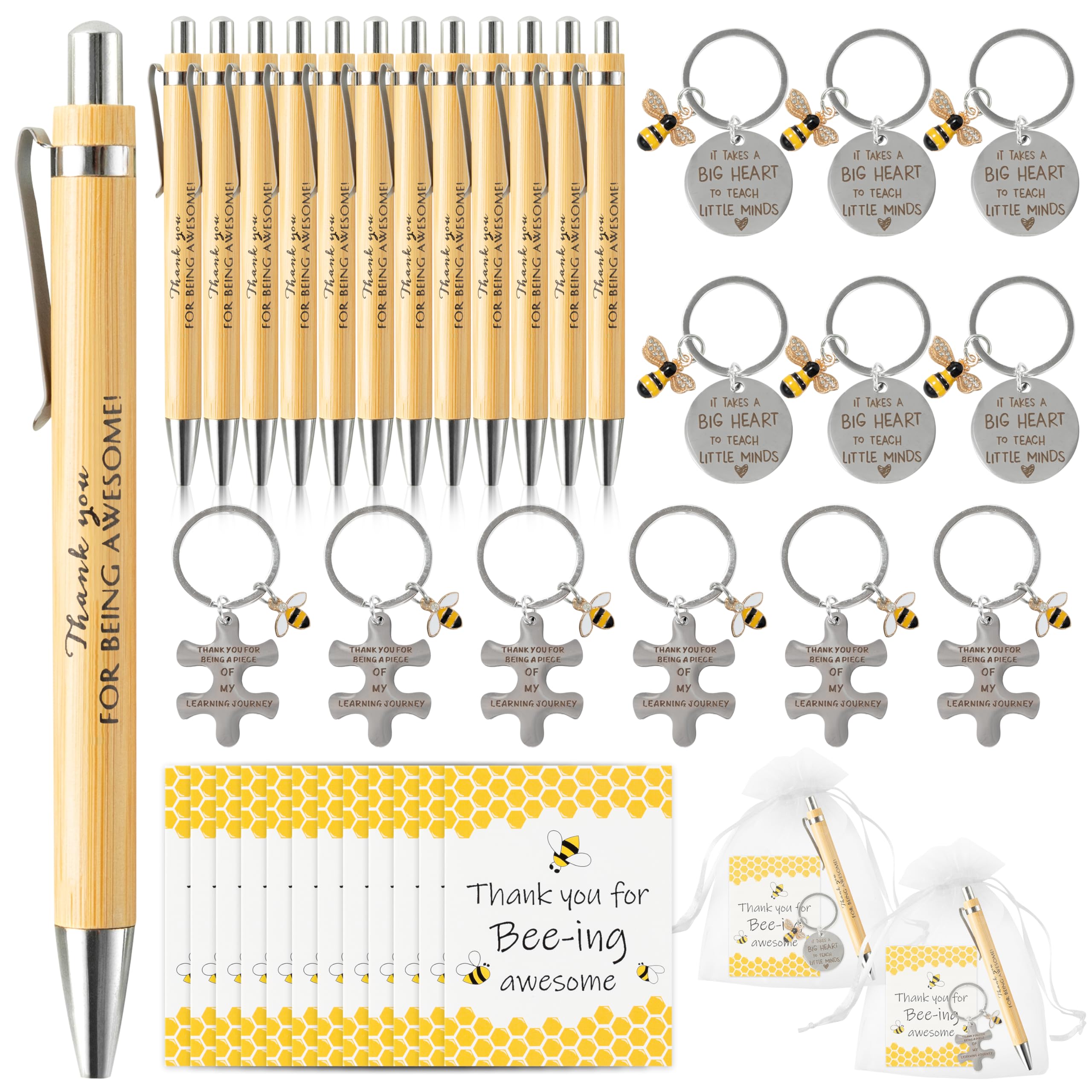 YINGENIVA 12 Sets Thank You Gifts for Teacher, Bee Themed Teacher Appreciation Gift Set with Engraved Keychain, Pen, Card & White Organza Bag for Teacher Leaving & End of School Year